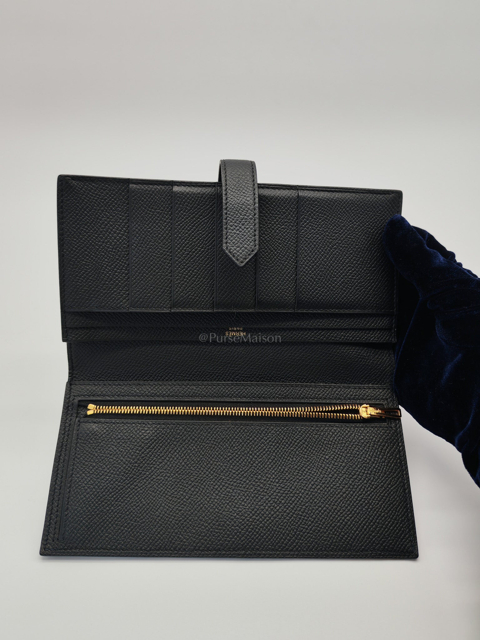 Bearn Long Wallet in Gusset Noir Epsom Leather Gold Hardware Stamp Y(2020) | Purse Maison Luxury Bags Shop