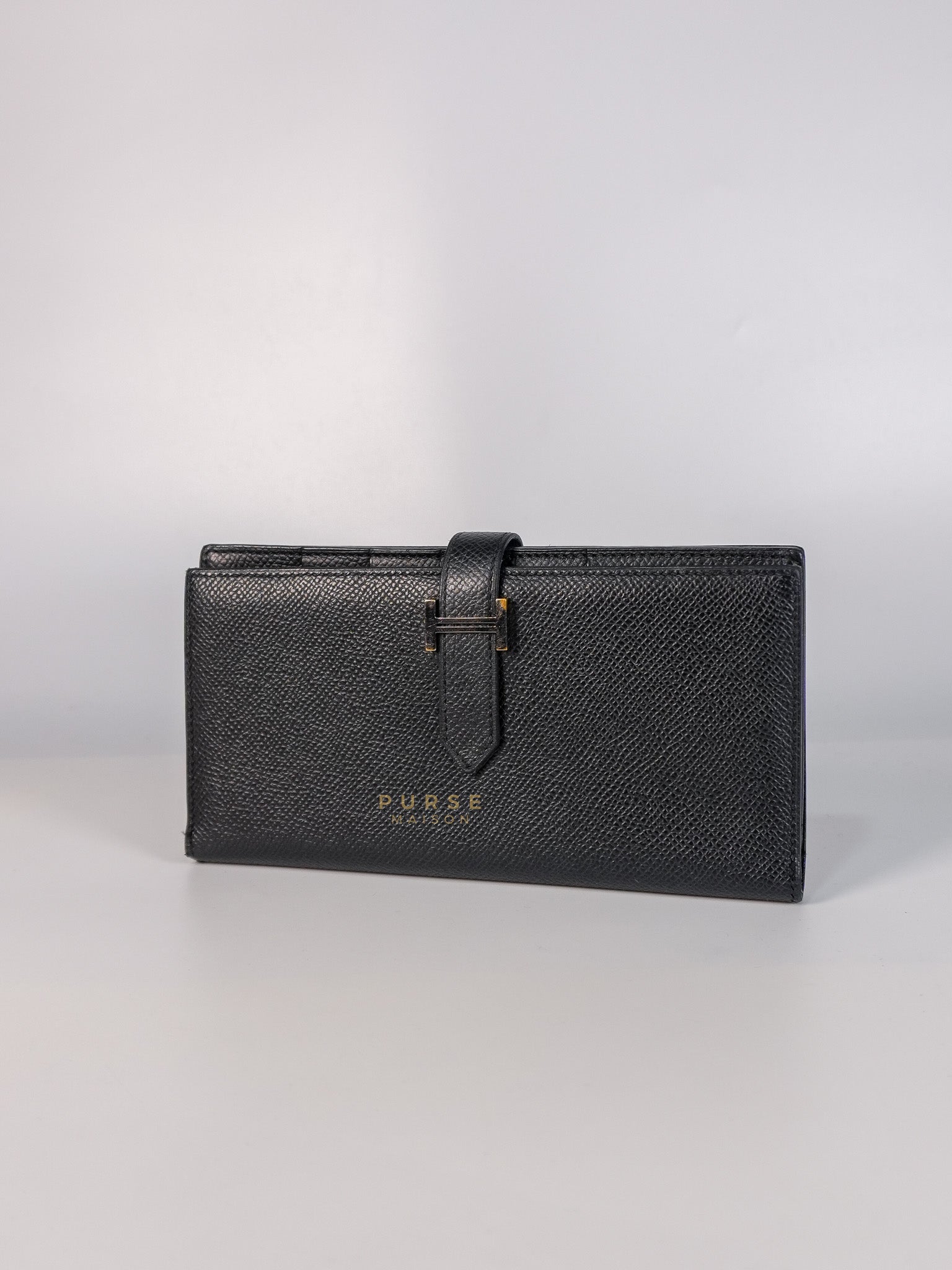 Bearn Soufflet Long Wallet Noir Epsom Leather & Gold Hardware Stamp A(2017) | Purse Maison Luxury Bags Shop