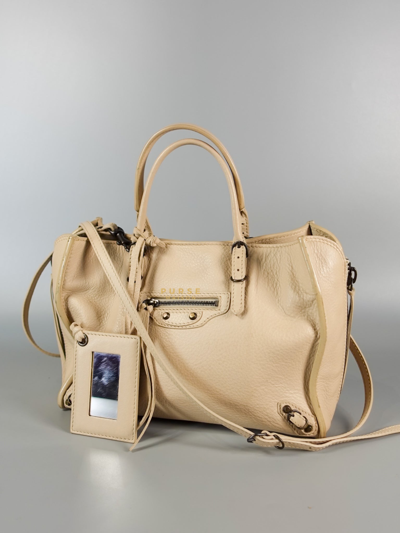 Beige Leather Papier Small Zip Around Tote | Purse Maison Luxury Bags Shop