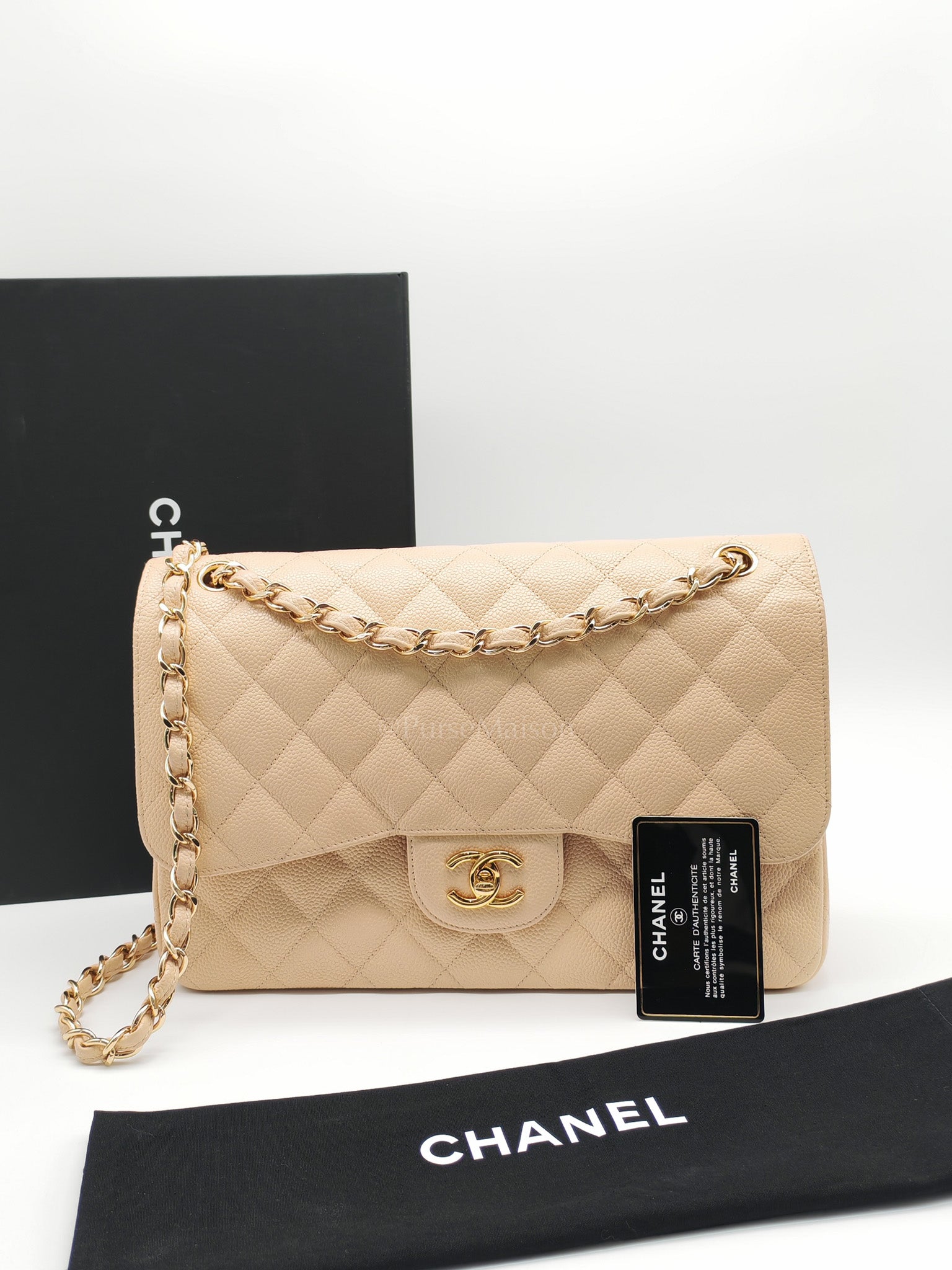 Classic Double Flap Jumbo in Beige Clair Quilted Caviar Leather & Gold Hardware Series 18