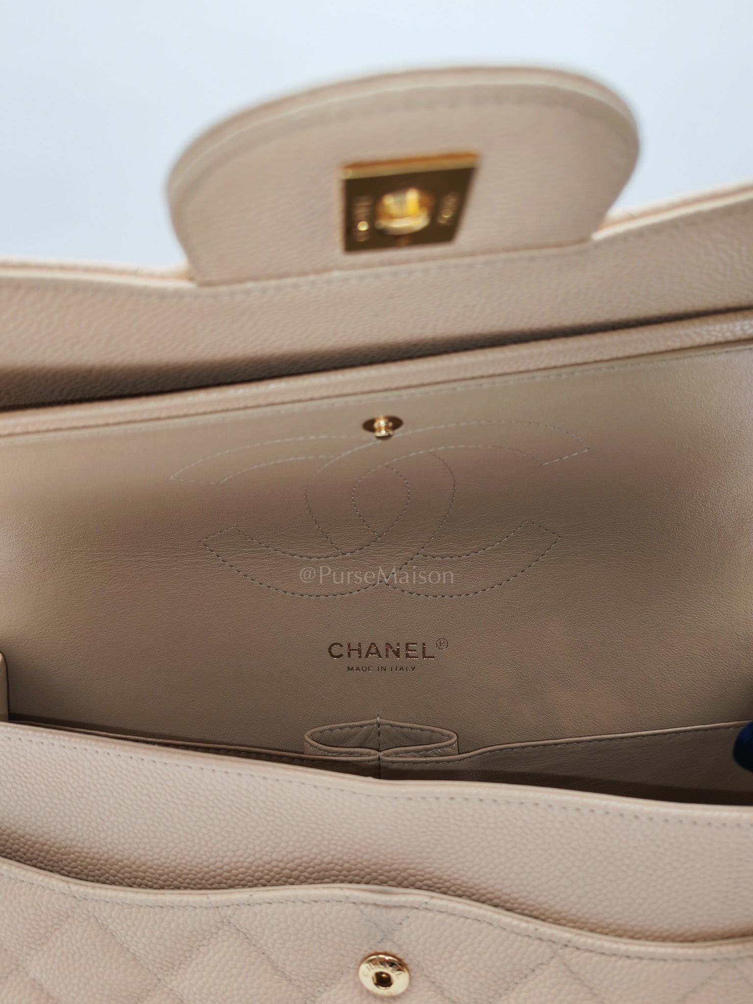 Classic Double Flap Jumbo in Beige Clair Quilted Caviar Leather & Gold Hardware Series 18