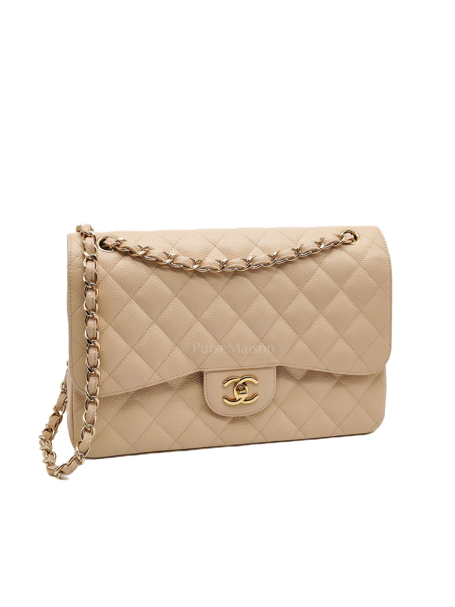 Classic Double Flap Jumbo in Beige Clair Quilted Caviar Leather & Gold Hardware Series 18