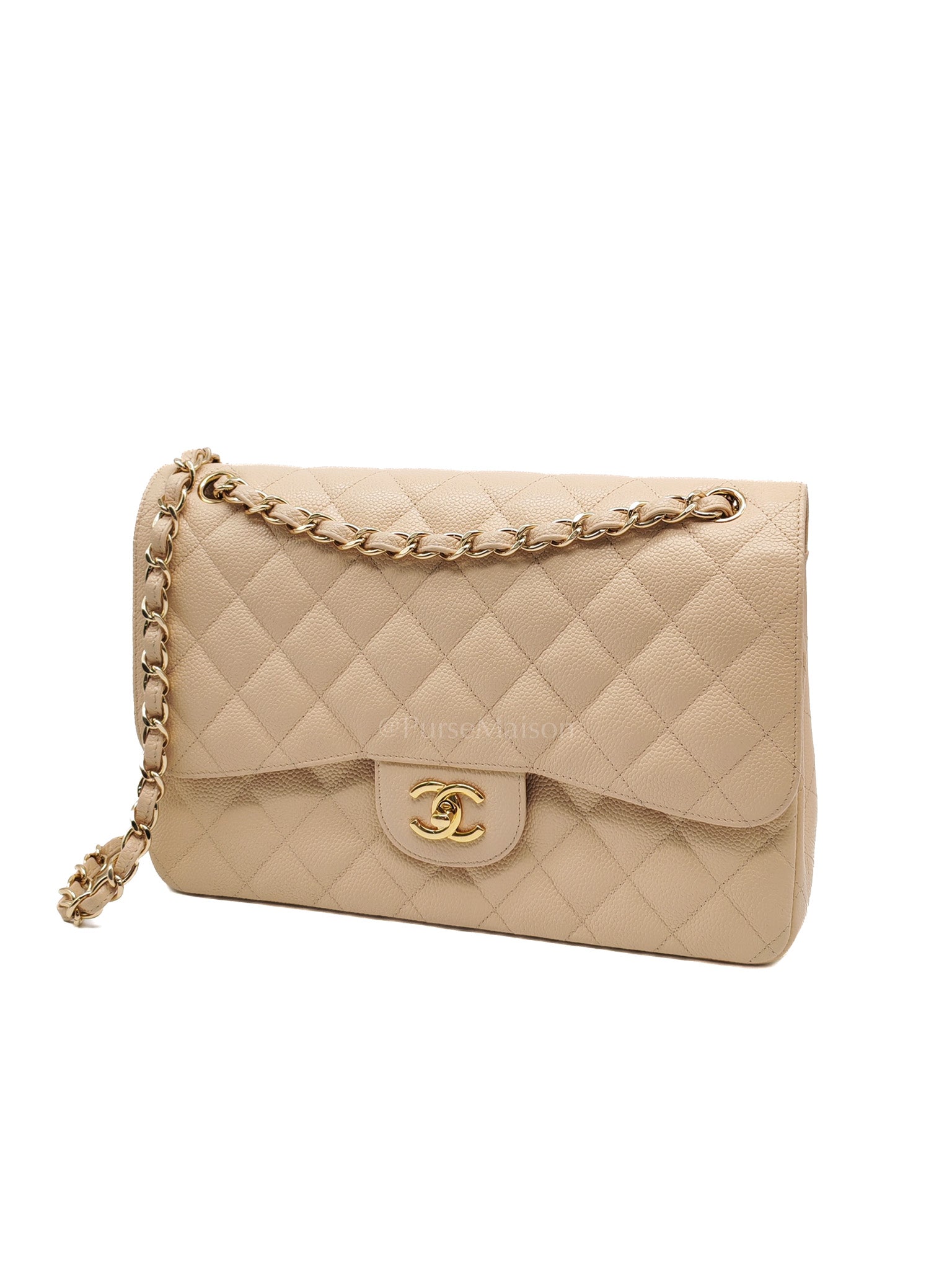 Classic Double Flap Jumbo in Beige Clair Quilted Caviar Leather & Gold Hardware Series 18