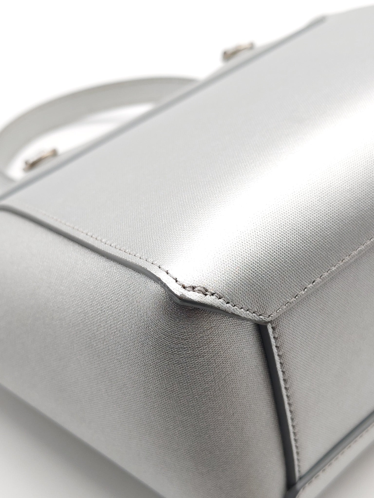 Belt Bag Nano in Silver Laminated Calfskin Leather & Silver Hardware | Purse Maison Luxury Bags Shop
