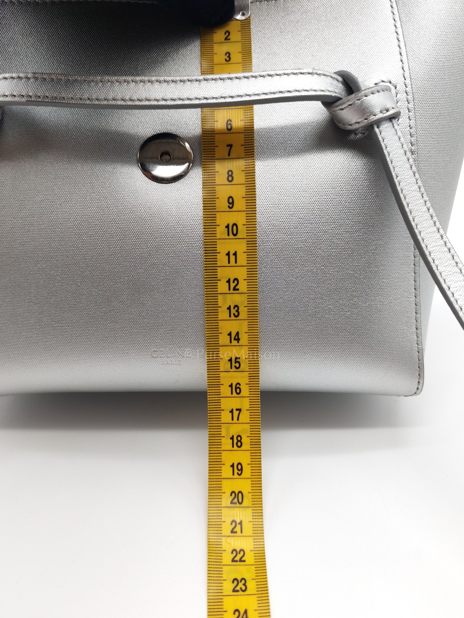 Belt Bag Nano in Silver Laminated Calfskin Leather & Silver Hardware | Purse Maison Luxury Bags Shop