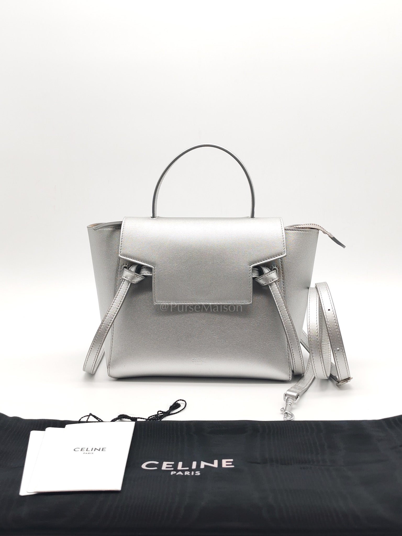 Belt Bag Nano in Silver Laminated Calfskin Leather & Silver Hardware | Purse Maison Luxury Bags Shop