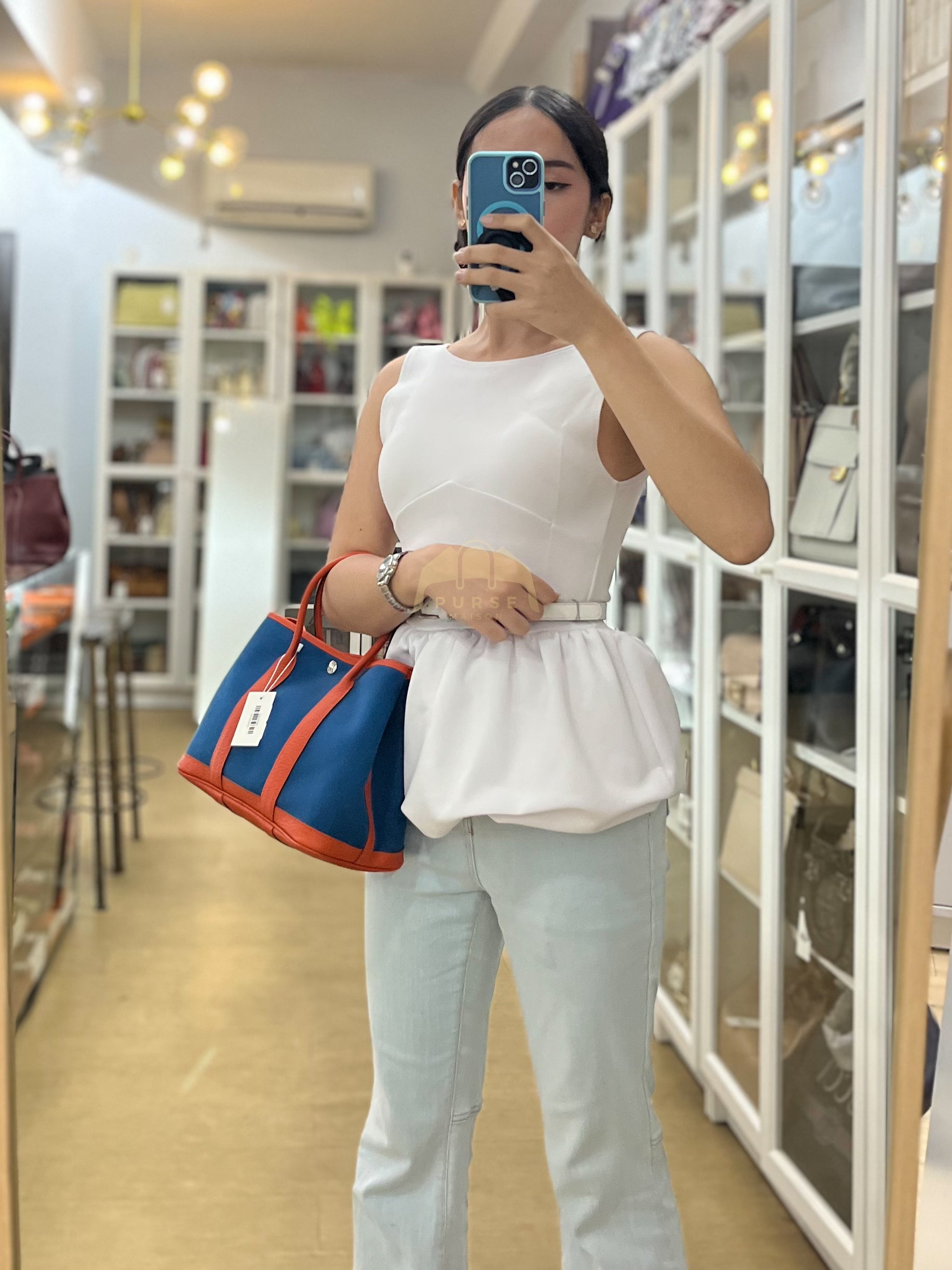 Bicolor Garden Party Tote Bag (GPT) 30 in Orange & Blue Canvas Palladium Hardware Stamp X(2016) | Purse Maison Luxury Bags Shop