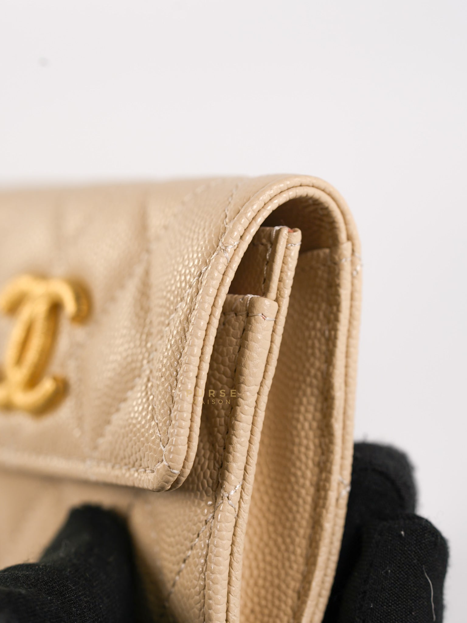 Big CC Flap Card Holder in Beige Caviar Leather Gold Hardware(Microchip) | Purse Maison Luxury Bags Shop