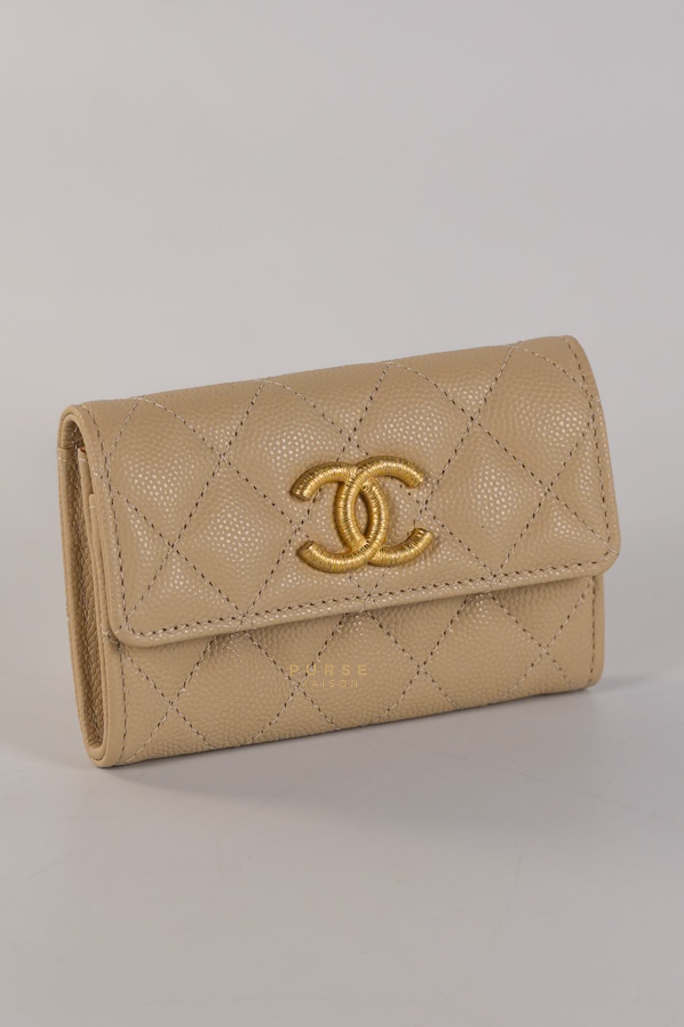 Big CC Flap Card Holder in Beige Caviar Leather Gold Hardware(Microchip) | Purse Maison Luxury Bags Shop
