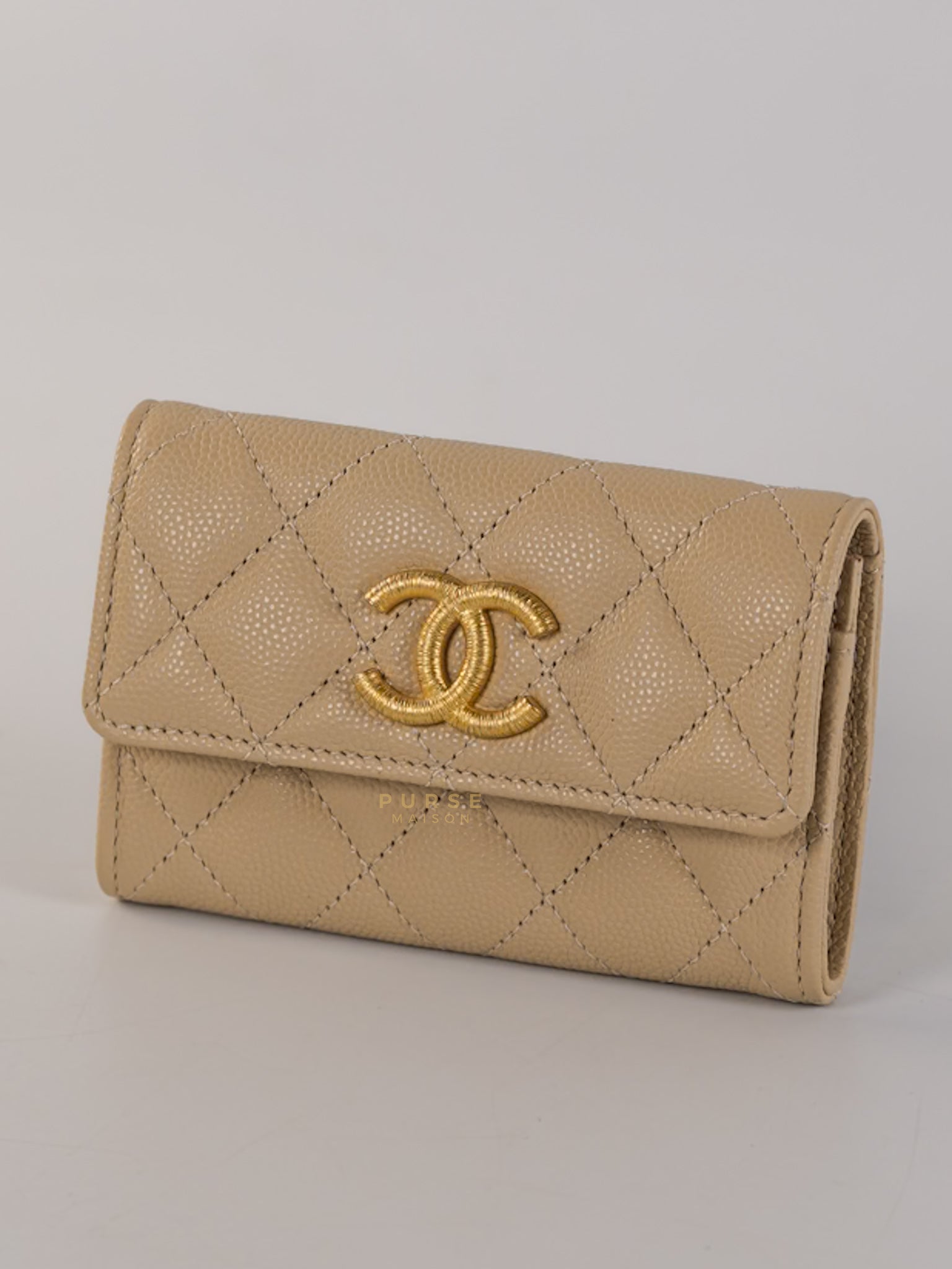 Big CC Flap Card Holder in Beige Caviar Leather Gold Hardware(Microchip) | Purse Maison Luxury Bags Shop