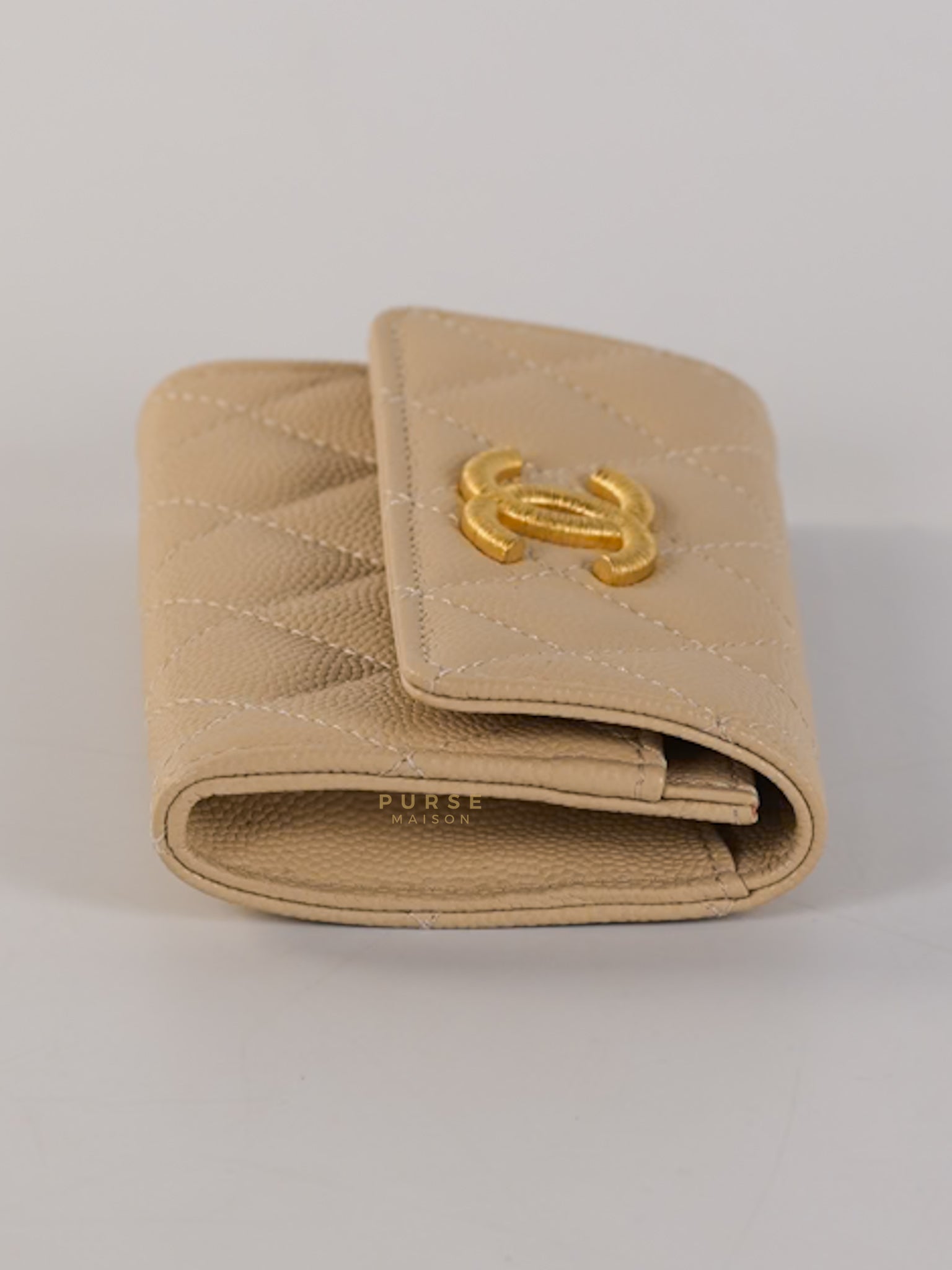 Big CC Flap Card Holder in Beige Caviar Leather Gold Hardware(Microchip) | Purse Maison Luxury Bags Shop