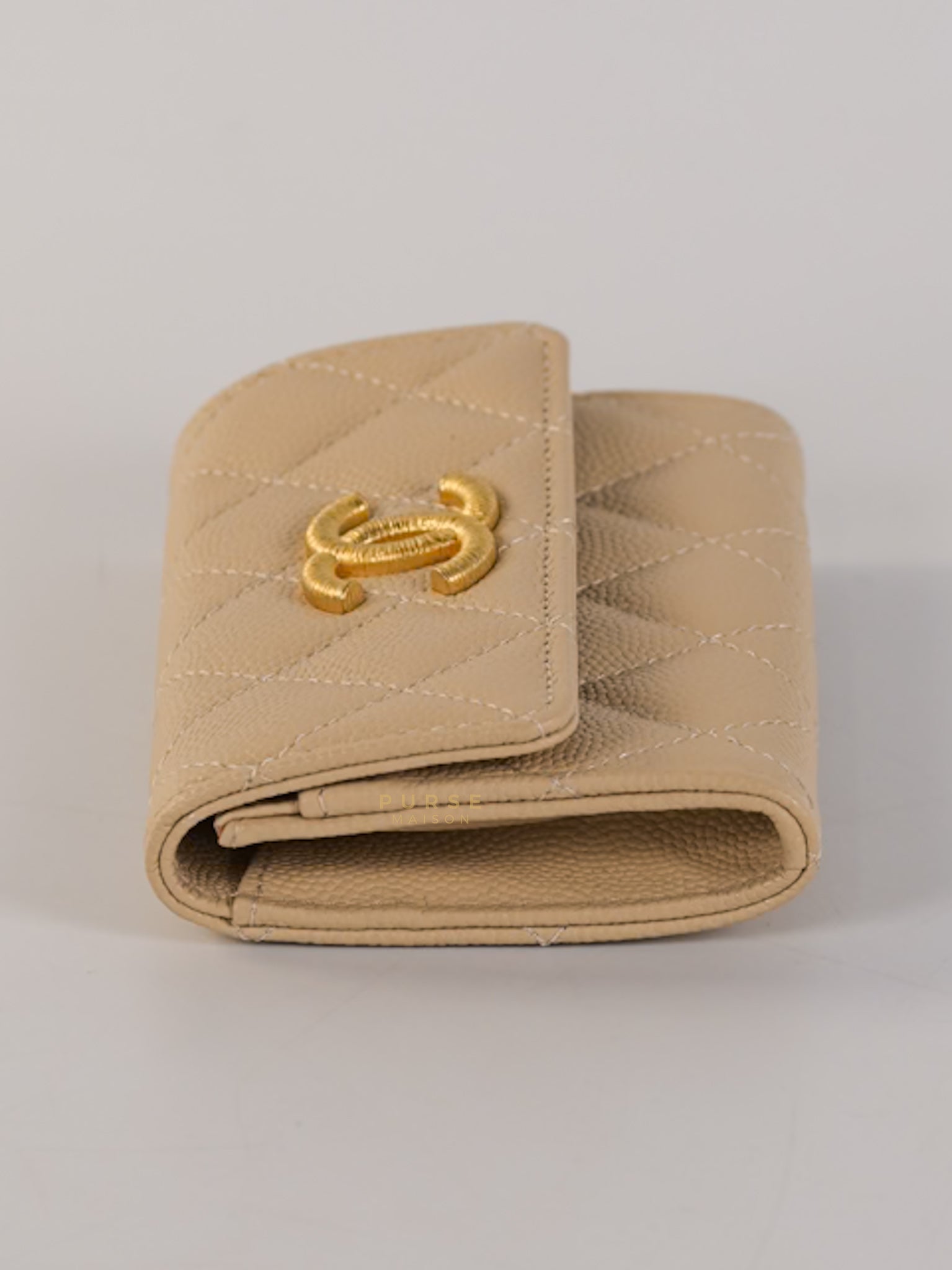 Big CC Flap Card Holder in Beige Caviar Leather Gold Hardware(Microchip) | Purse Maison Luxury Bags Shop