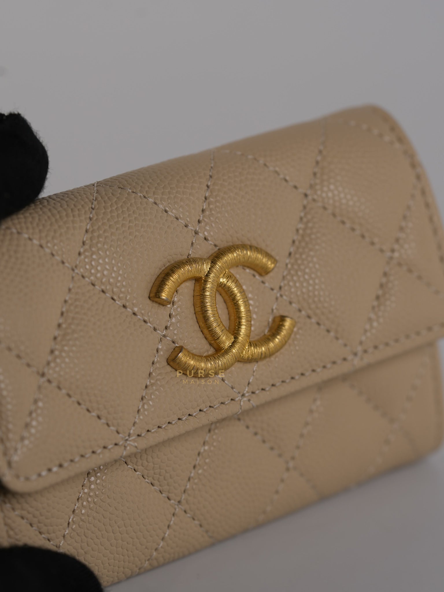 Big CC Flap Card Holder in Beige Caviar Leather Gold Hardware(Microchip) | Purse Maison Luxury Bags Shop