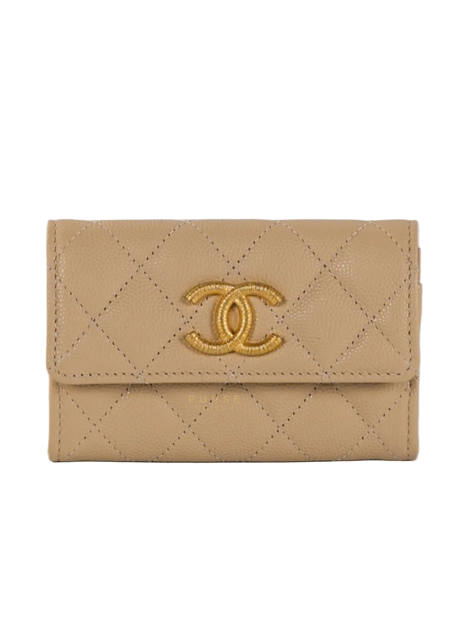 Big CC Flap Card Holder in Beige Caviar Leather Gold Hardware(Microchip) | Purse Maison Luxury Bags Shop