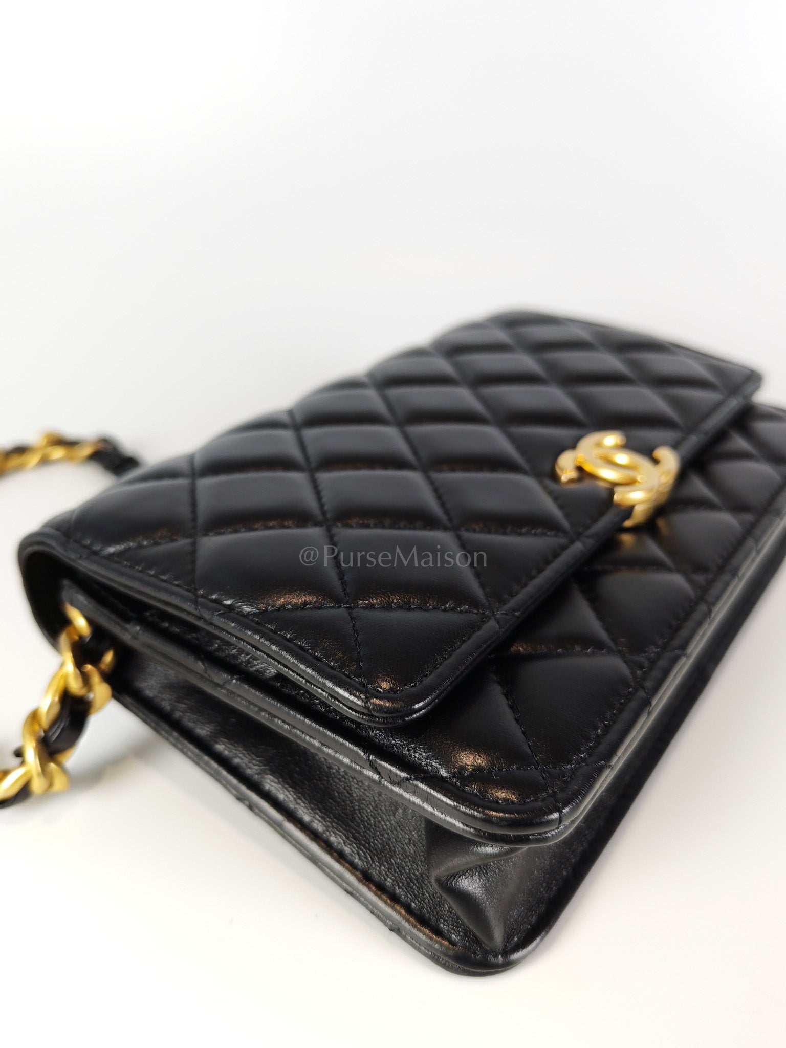 Big CC Logo Wallet on Chain in Black Lambskin Leather Aged Gold Hardware (Microchip) | Purse Maison Luxury Bags Shop