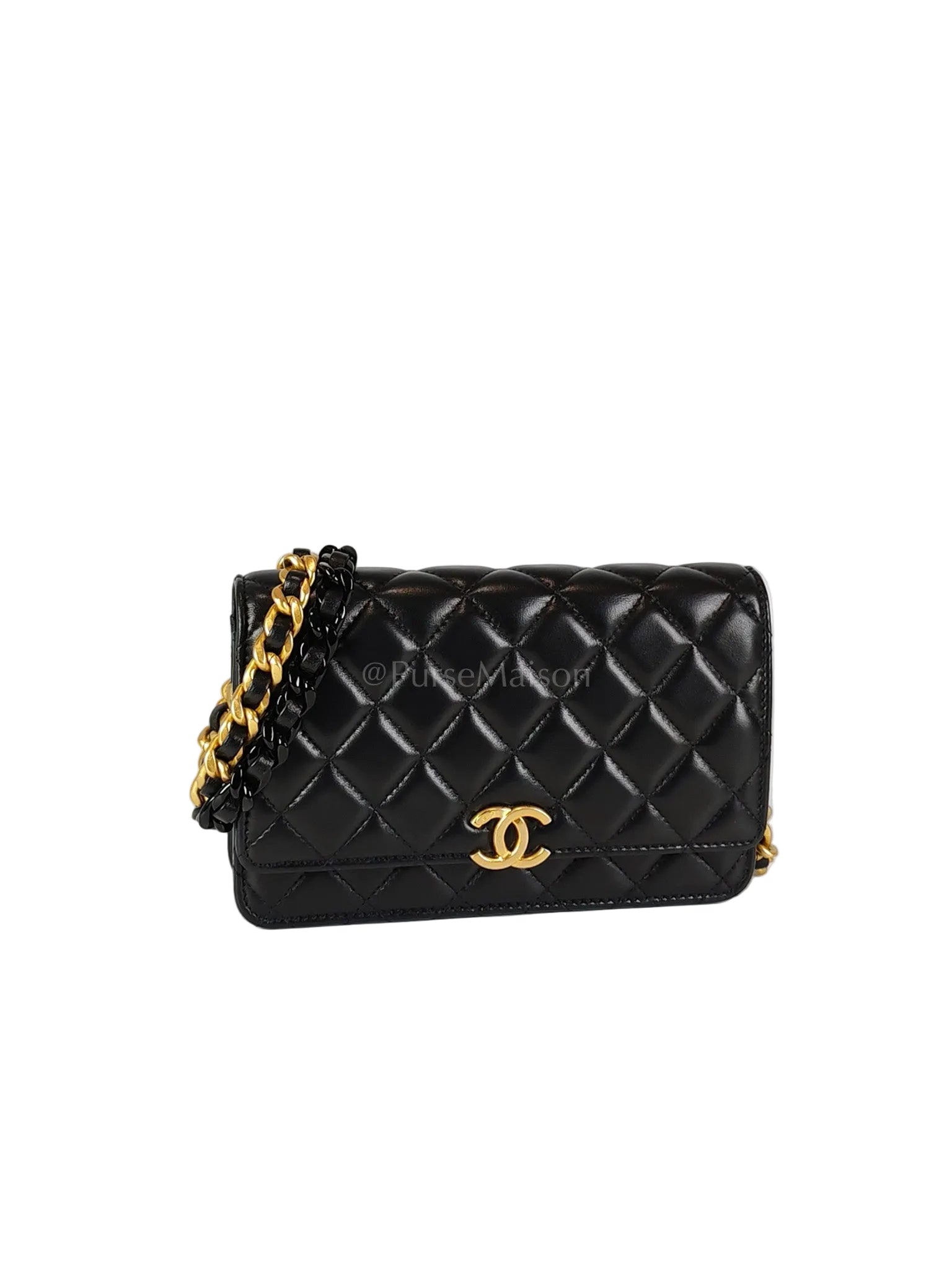 Big CC Logo Wallet on Chain in Black Lambskin Leather Aged Gold Hardware (Microchip) | Purse Maison Luxury Bags Shop