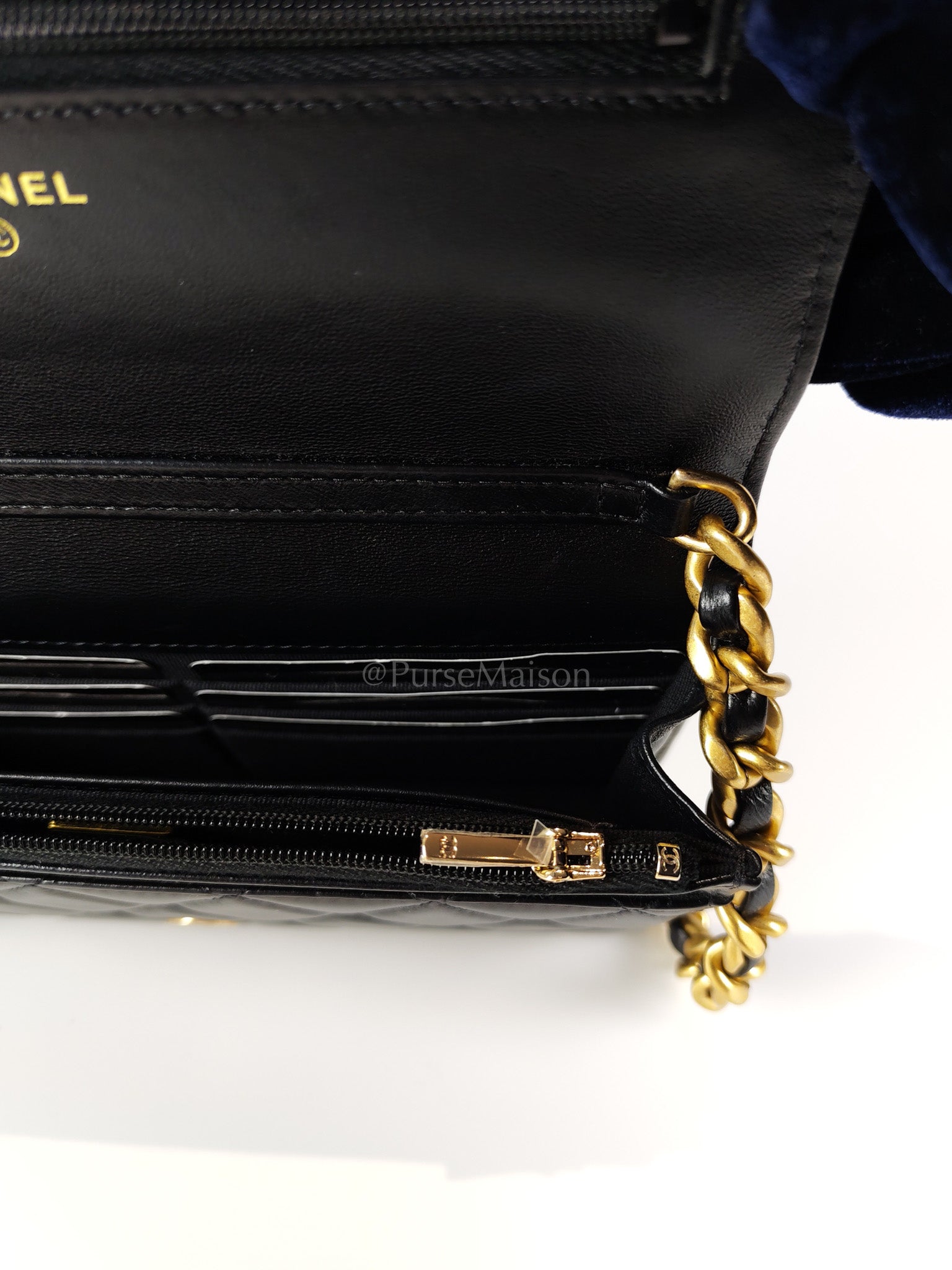 Big CC Logo Wallet on Chain in Black Lambskin Leather Aged Gold Hardware (Microchip) | Purse Maison Luxury Bags Shop
