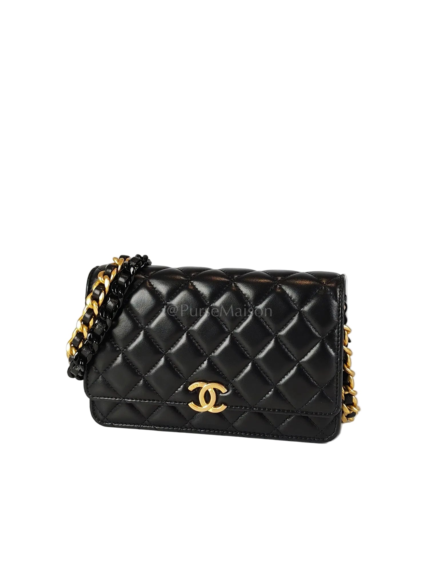 Big CC Logo Wallet on Chain in Black Lambskin Leather Aged Gold Hardware (Microchip) | Purse Maison Luxury Bags Shop