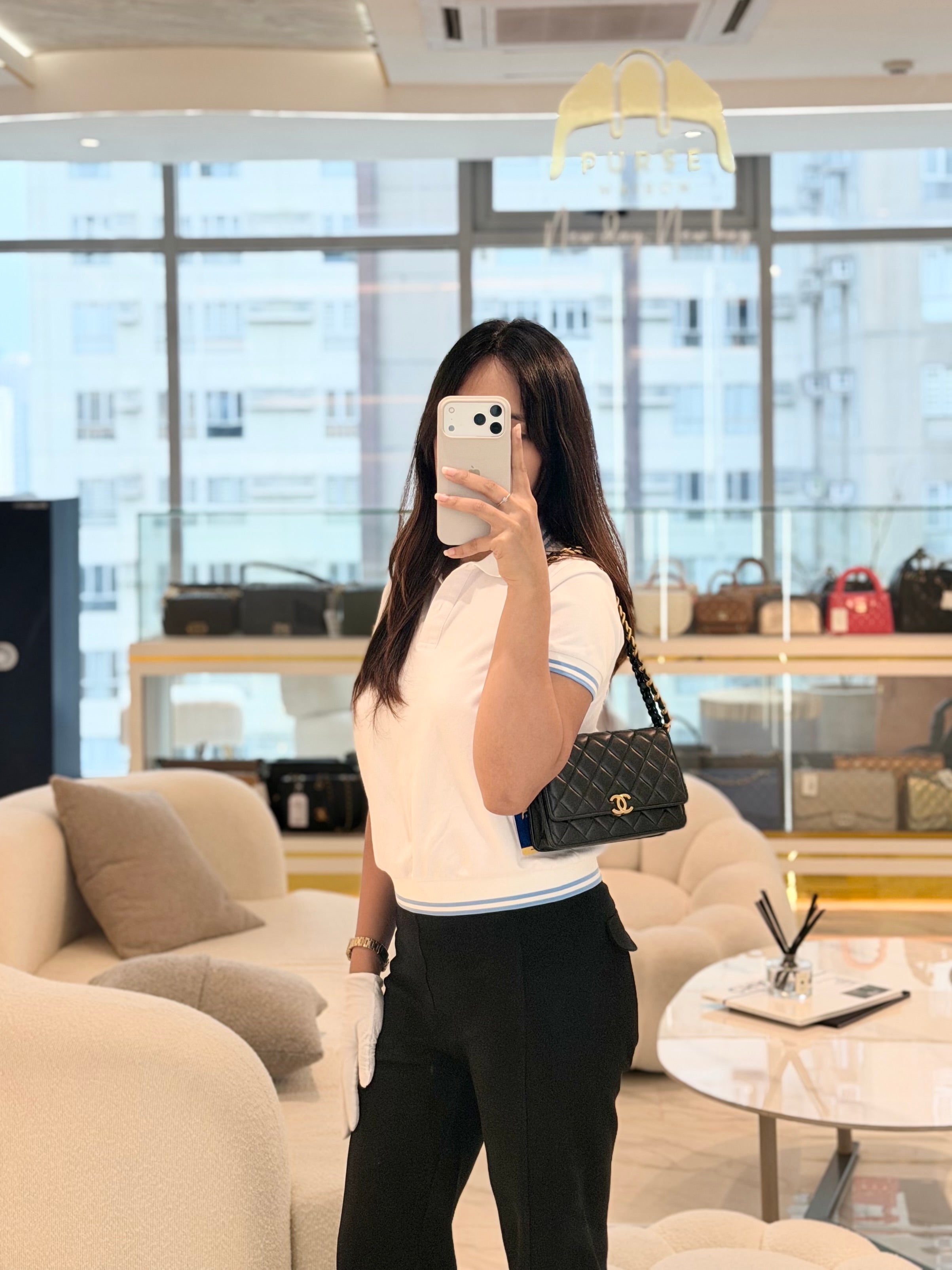 Big CC Logo Wallet on Chain in Black Lambskin Leather Aged Gold Hardware (Microchip) | Purse Maison Luxury Bags Shop
