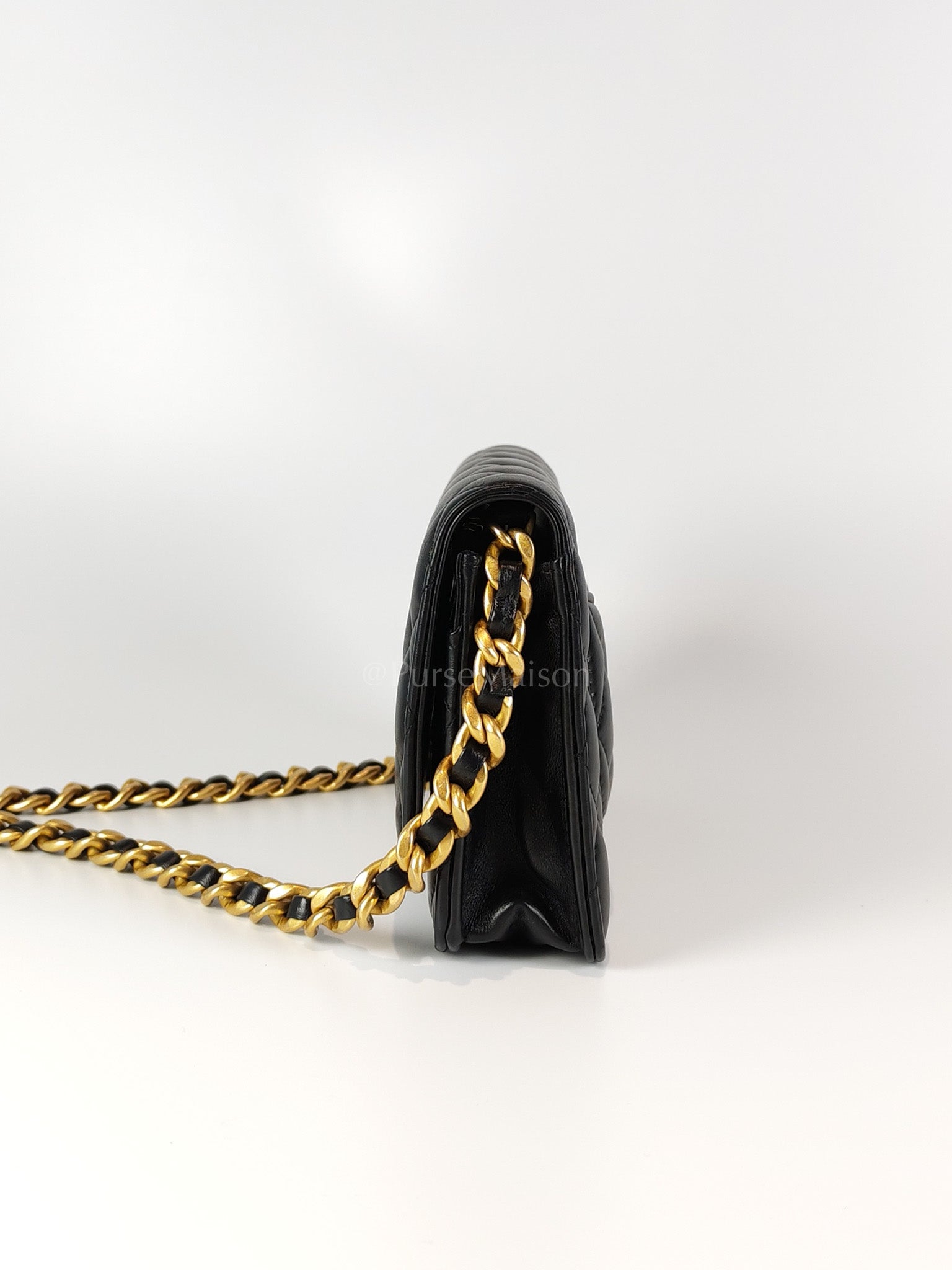 Big CC Logo Wallet on Chain in Black Lambskin Leather Aged Gold Hardware (Microchip) | Purse Maison Luxury Bags Shop