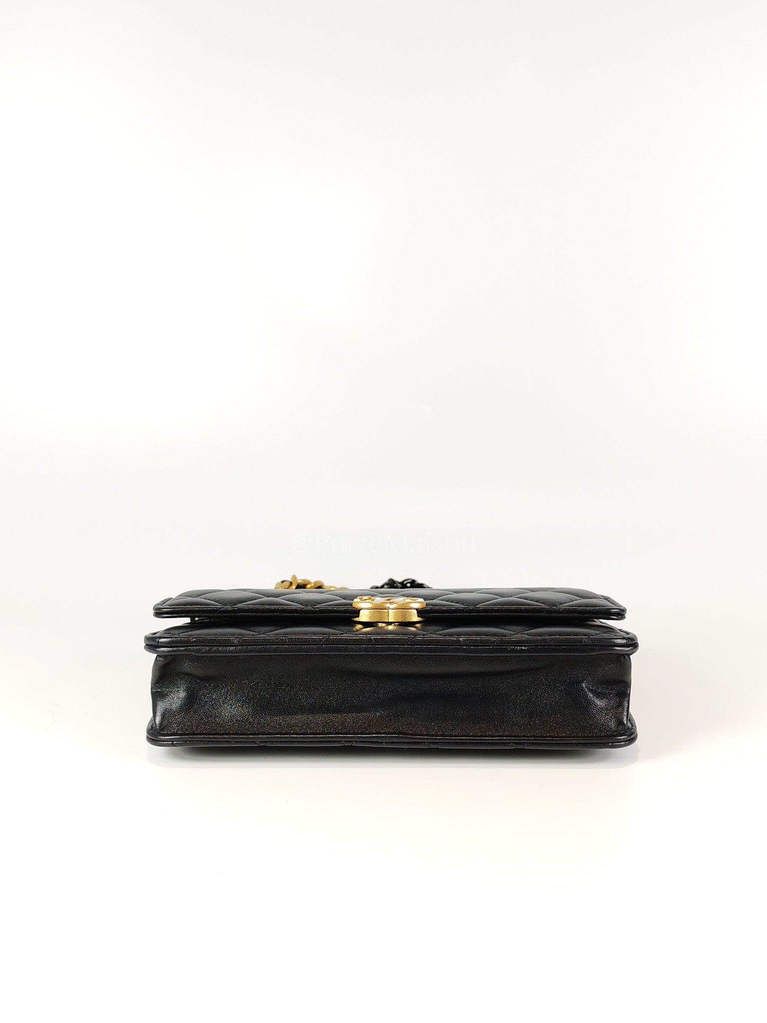 Big CC Logo Wallet on Chain in Black Lambskin Leather Aged Gold Hardware (Microchip) | Purse Maison Luxury Bags Shop