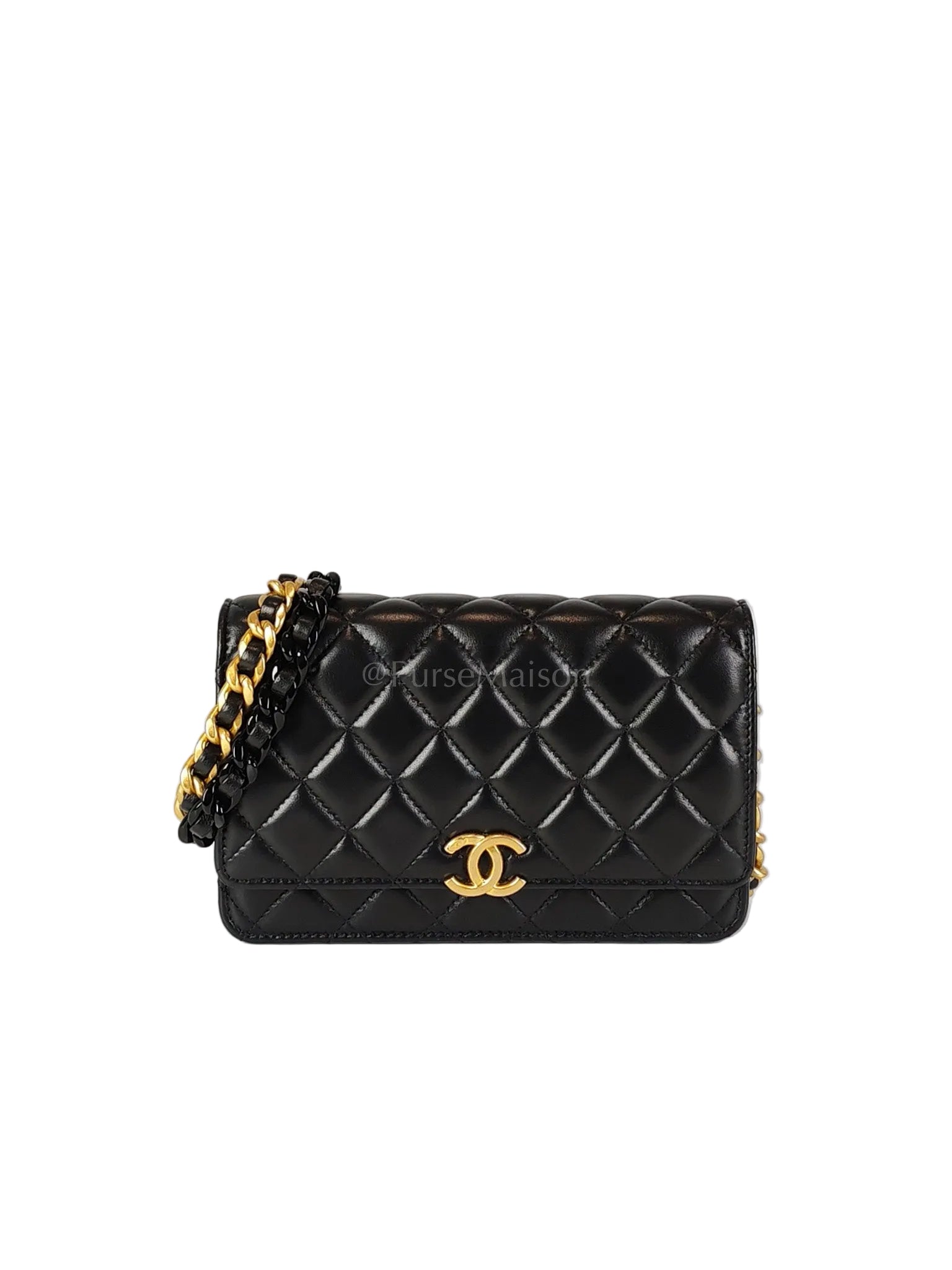 Big CC Logo Wallet on Chain in Black Lambskin Leather Aged Gold Hardware (Microchip) | Purse Maison Luxury Bags Shop