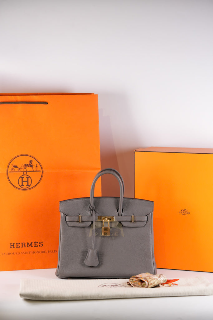 Birkin 25 Retourne in Etain Togo Leather and Gold Hardware Stamp D (2019) | Purse Maison Luxury Bags Shop