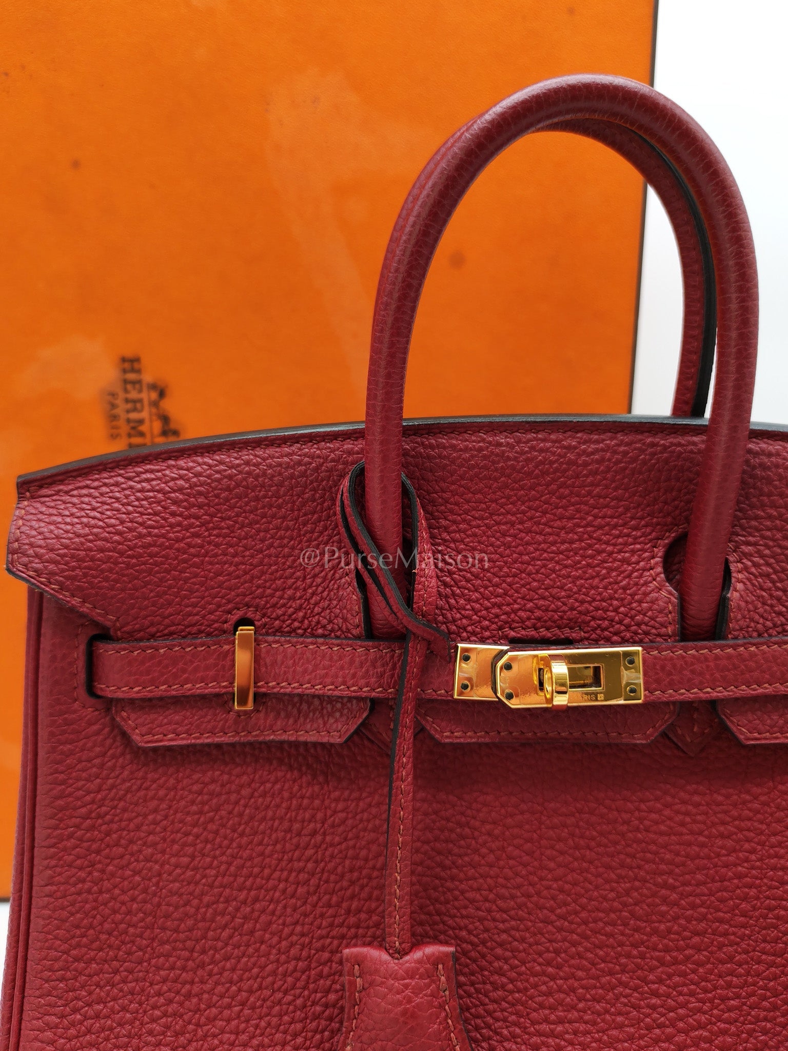 Birkin 25 Retourne Rouge Grenat in Togo Leather and Gold Hardware Stamp X (2016) | Purse Maison Luxury Bags Shop