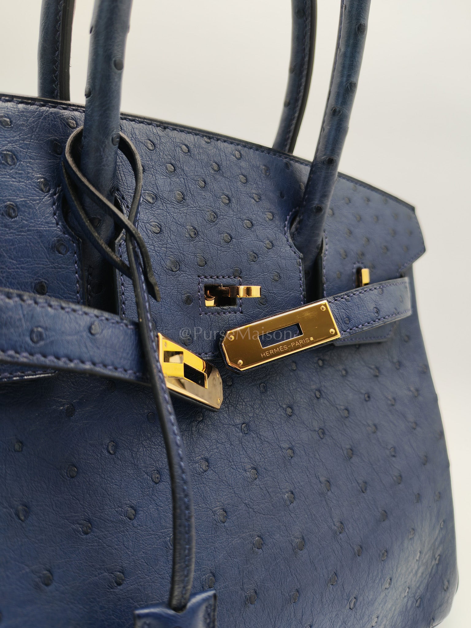 Birkin 30 Autruche in Bleu Iris Ostrich Leather Gold Hardware Stamp T(2015) | Purse Maison Luxury Bags Shop