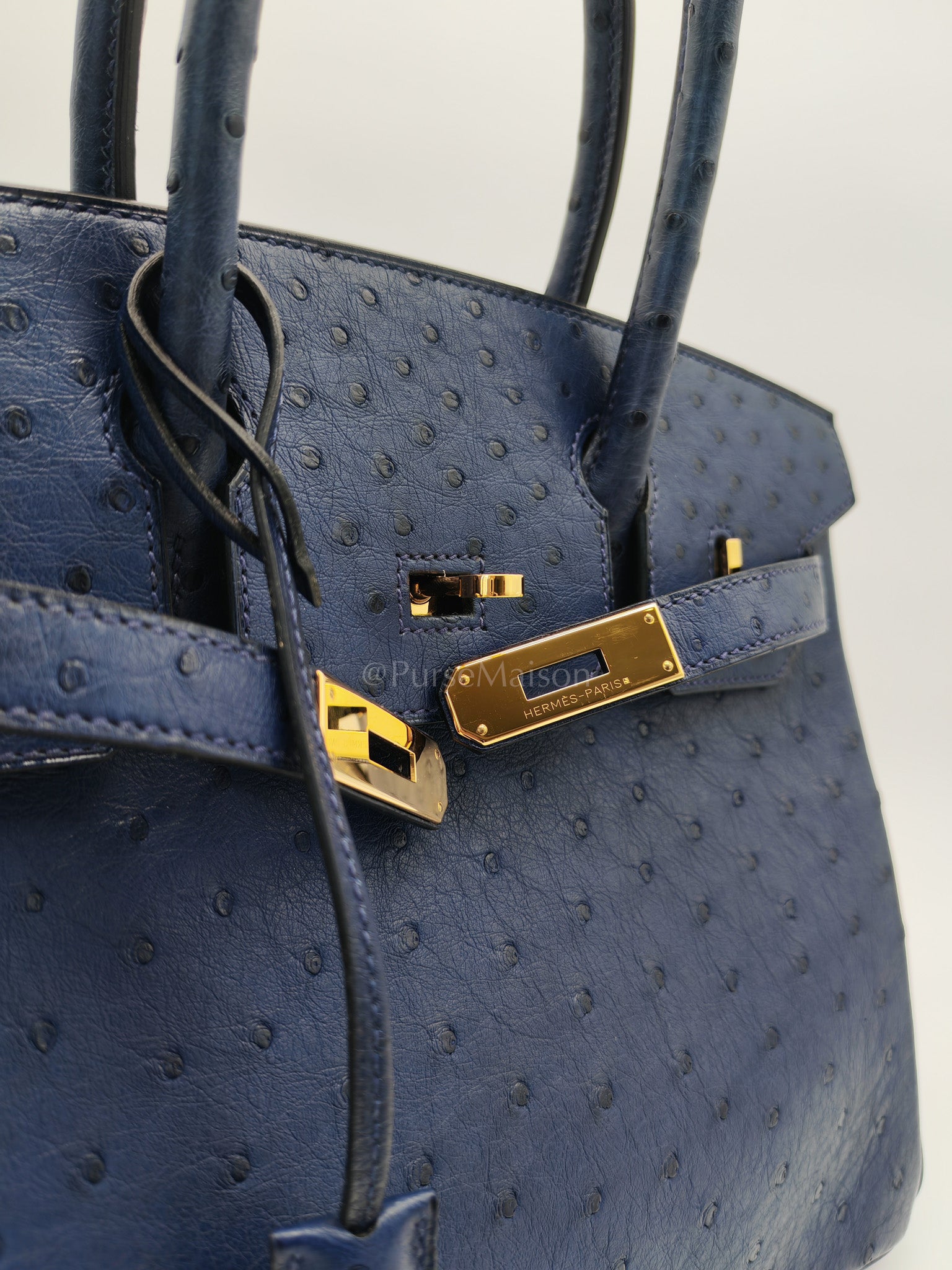 Birkin 30 Autruche in Bleu Iris Ostrich Leather Gold Hardware Stamp T(2015) | Purse Maison Luxury Bags Shop