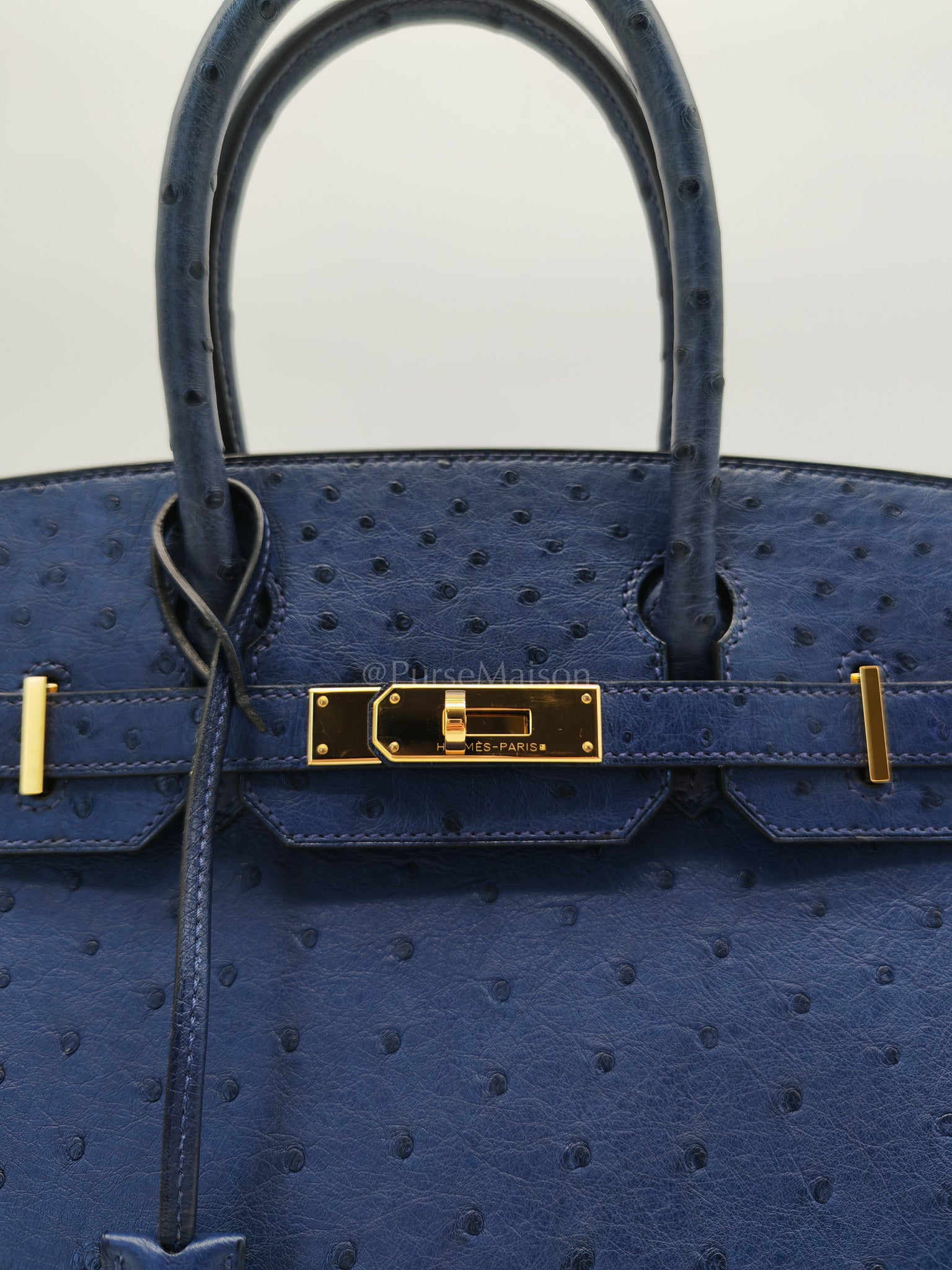Birkin 30 Autruche in Bleu Iris Ostrich Leather Gold Hardware Stamp T(2015) | Purse Maison Luxury Bags Shop