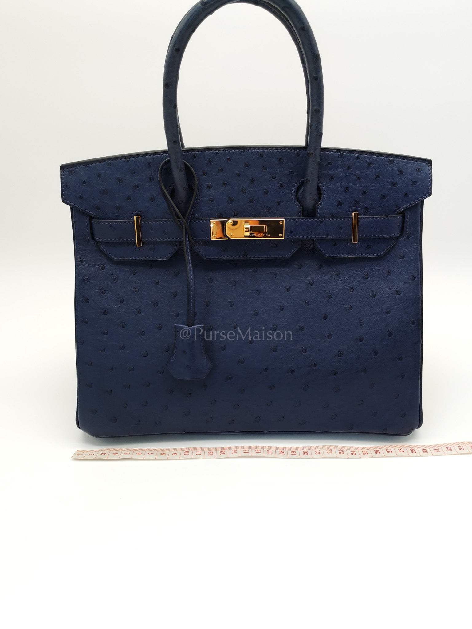 Birkin 30 Autruche in Bleu Iris Ostrich Leather Gold Hardware Stamp T(2015) | Purse Maison Luxury Bags Shop