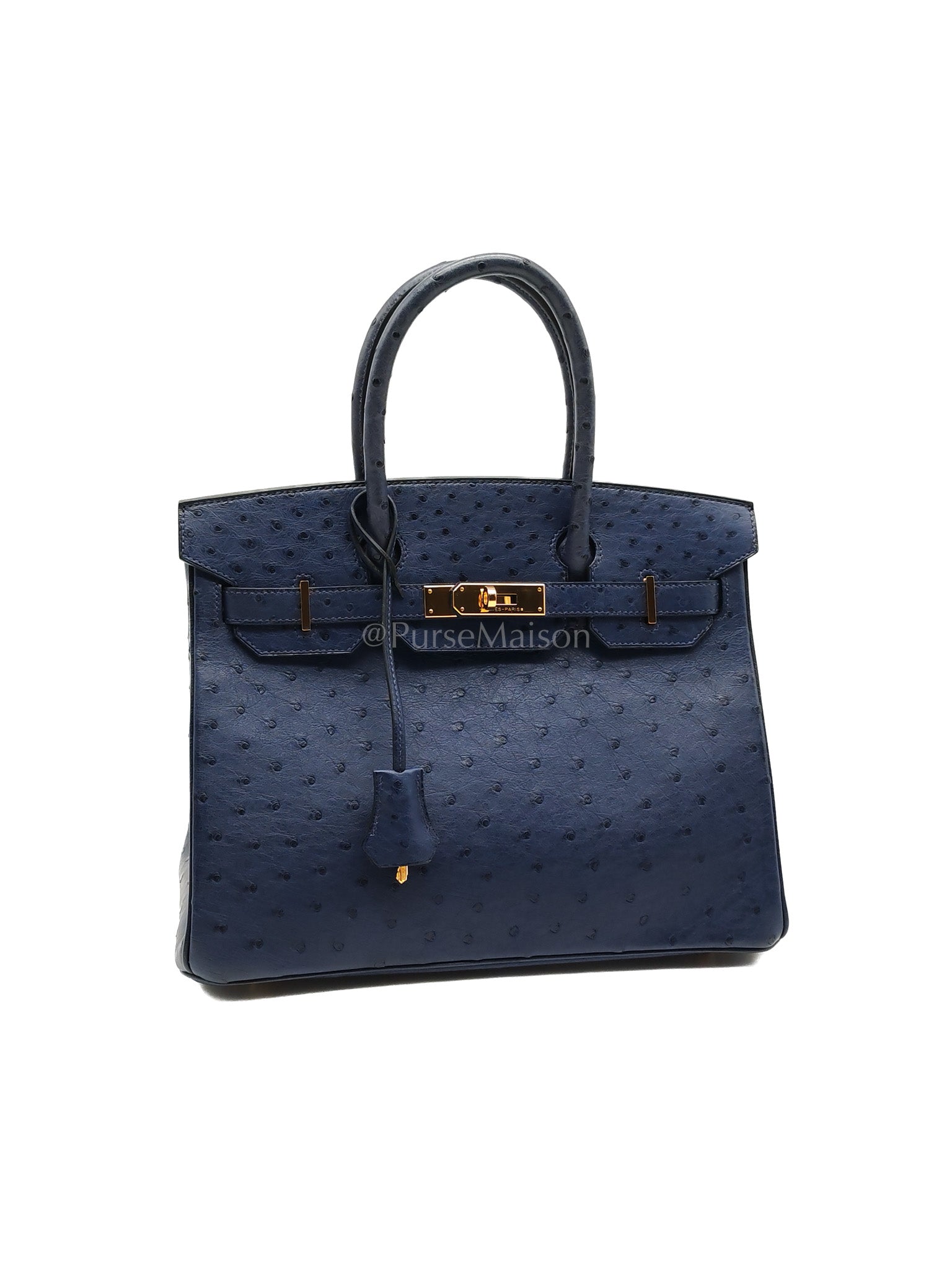 Birkin 30 Autruche in Bleu Iris Ostrich Leather Gold Hardware Stamp T(2015) | Purse Maison Luxury Bags Shop