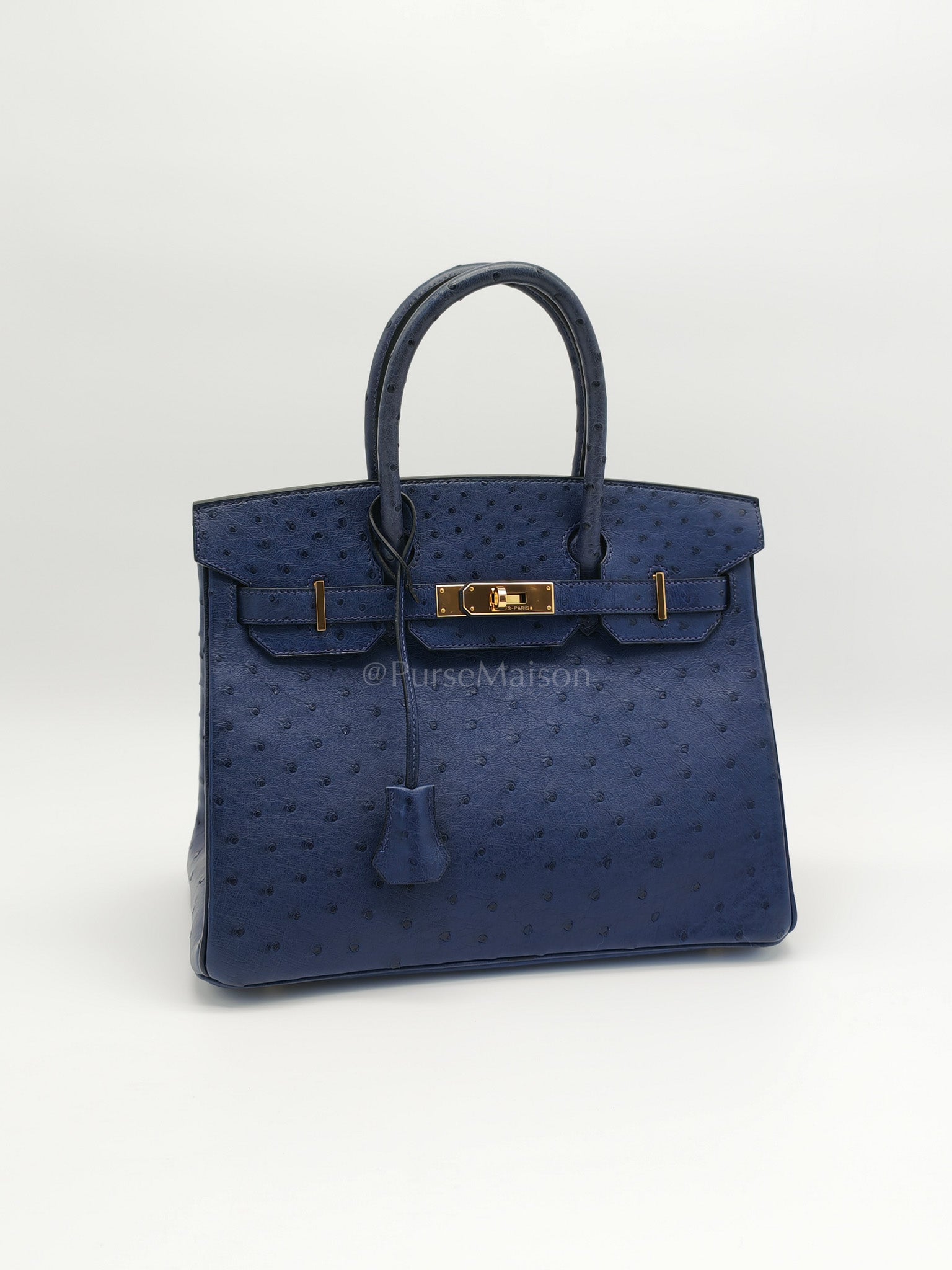 Birkin 30 Autruche in Bleu Iris Ostrich Leather Gold Hardware Stamp T(2015) | Purse Maison Luxury Bags Shop