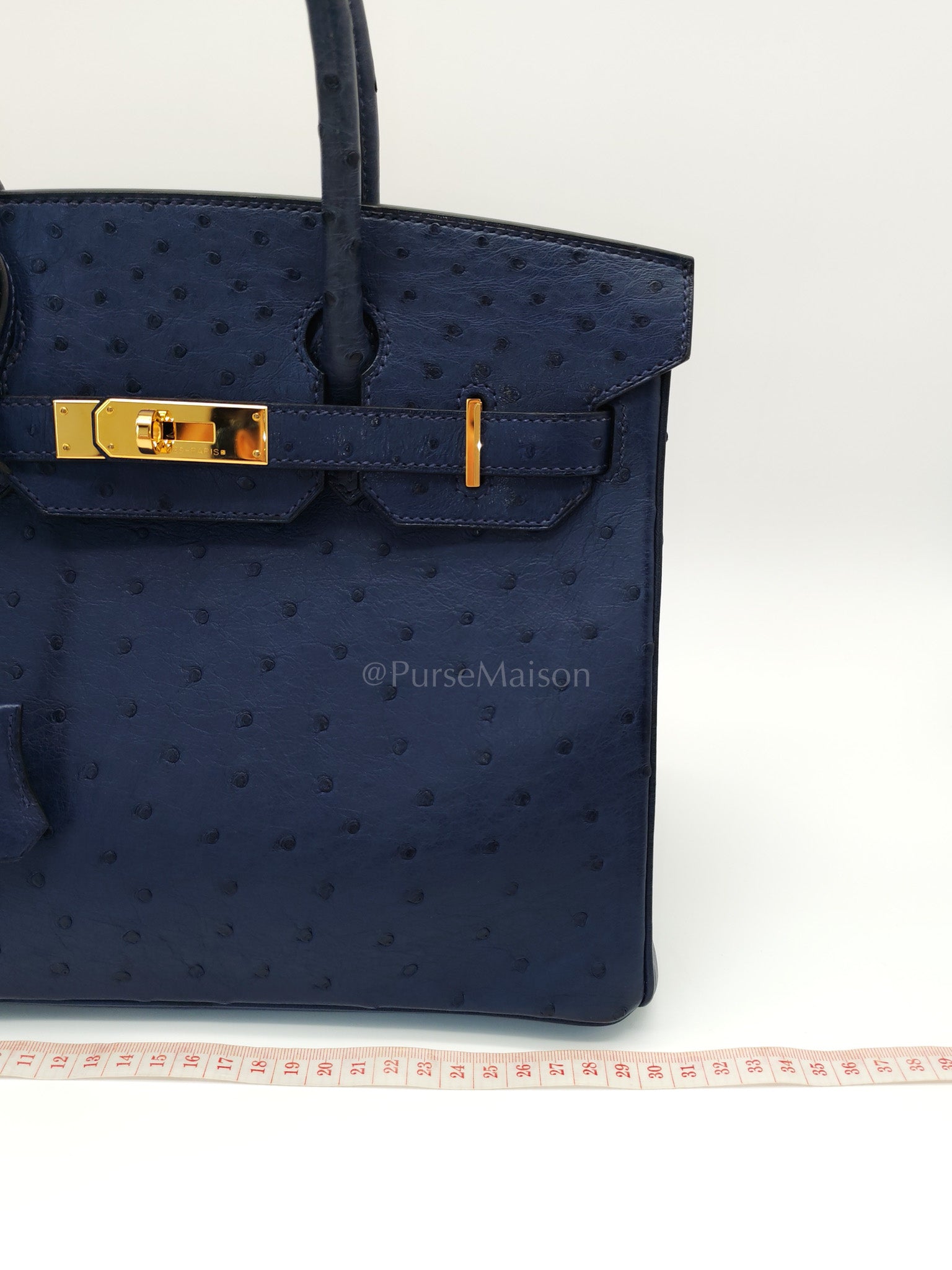 Birkin 30 Autruche in Bleu Iris Ostrich Leather Gold Hardware Stamp T(2015) | Purse Maison Luxury Bags Shop
