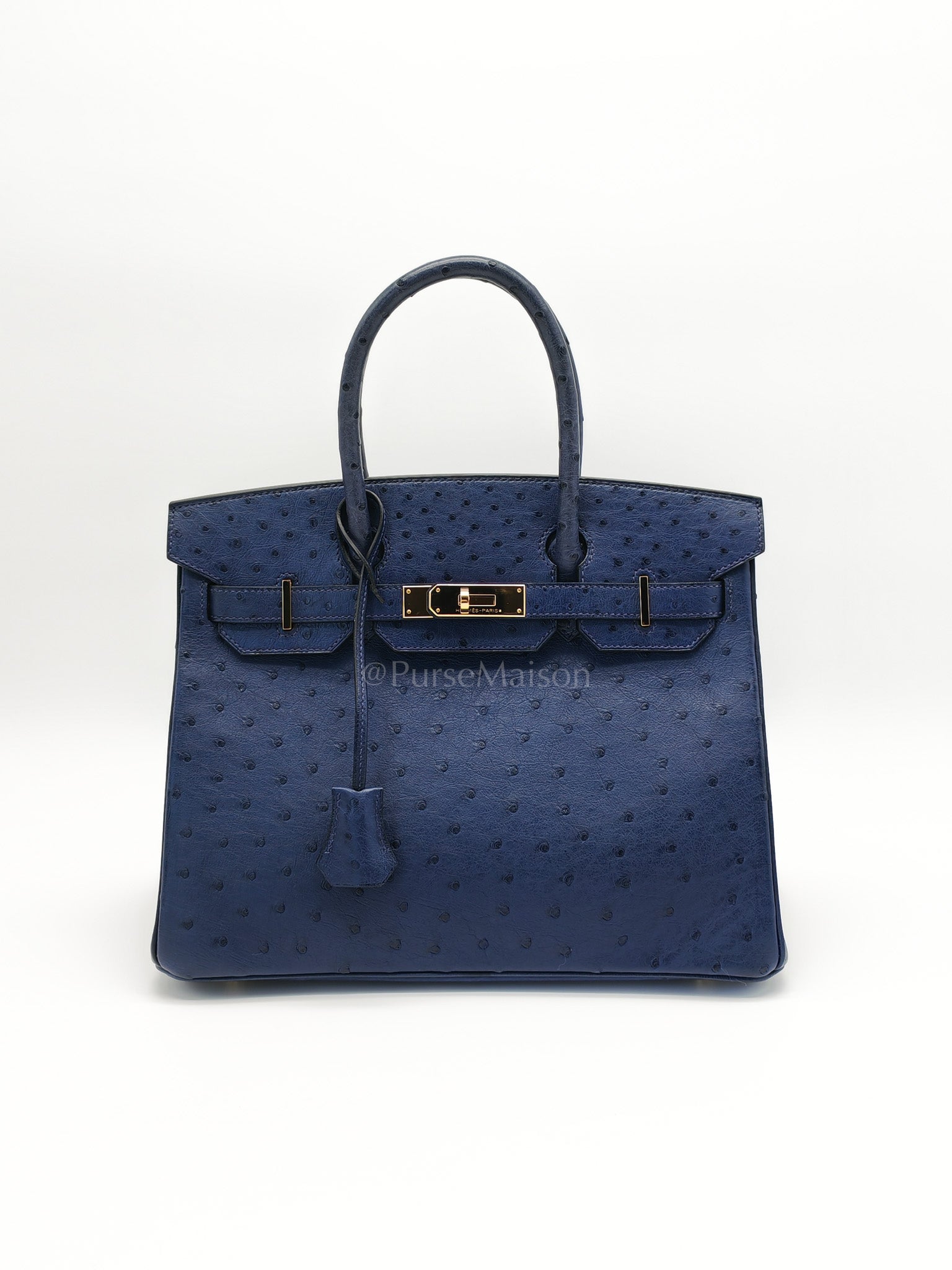 Birkin 30 Autruche in Bleu Iris Ostrich Leather Gold Hardware Stamp T(2015) | Purse Maison Luxury Bags Shop