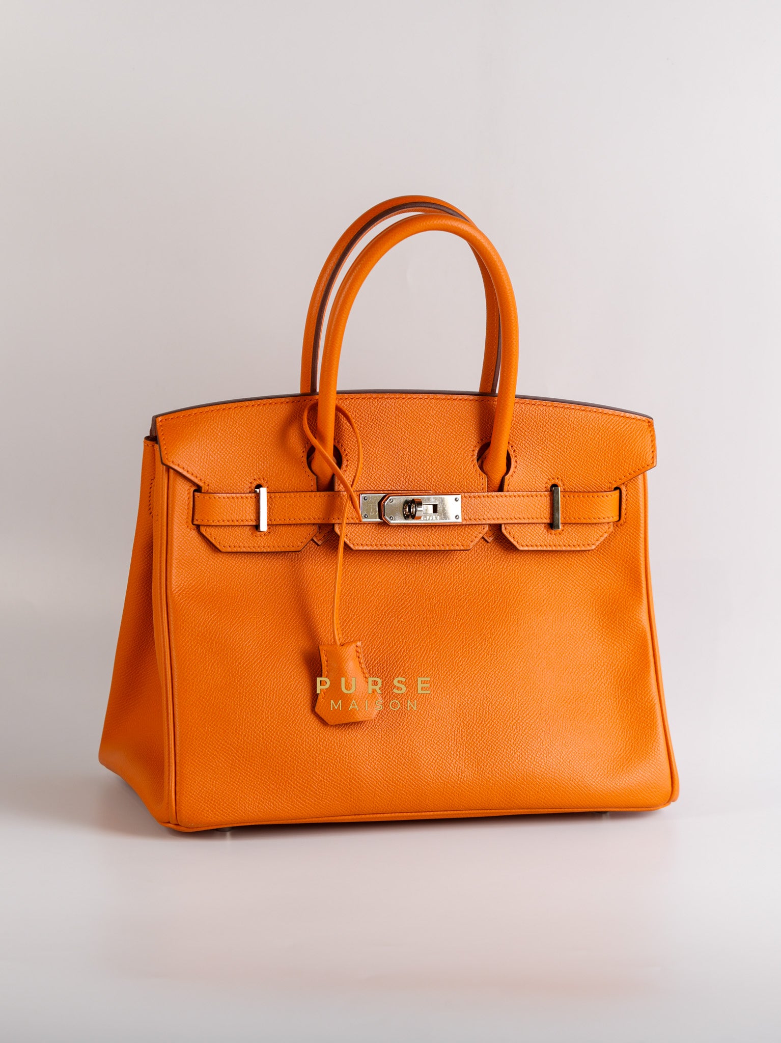 Birkin 30 in Orange Veau Epsom & Palladium Hardware Stamp Square Q | Purse Maison Luxury Bags Shop
