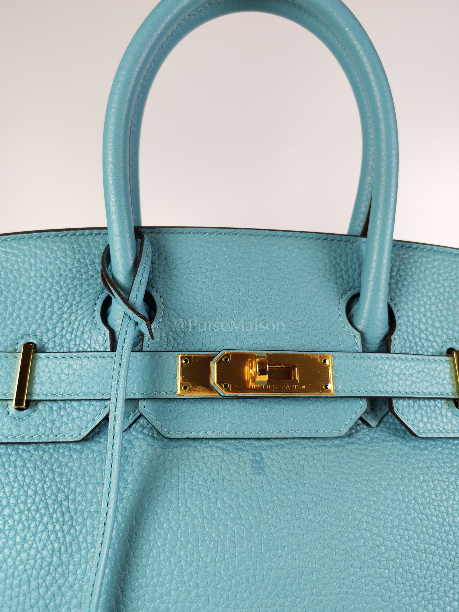 Birkin 30 Retourne in Bleu Saint Clemence and Gold Hardware Stamp T (2015) | Purse Maison Luxury Bags Shop
