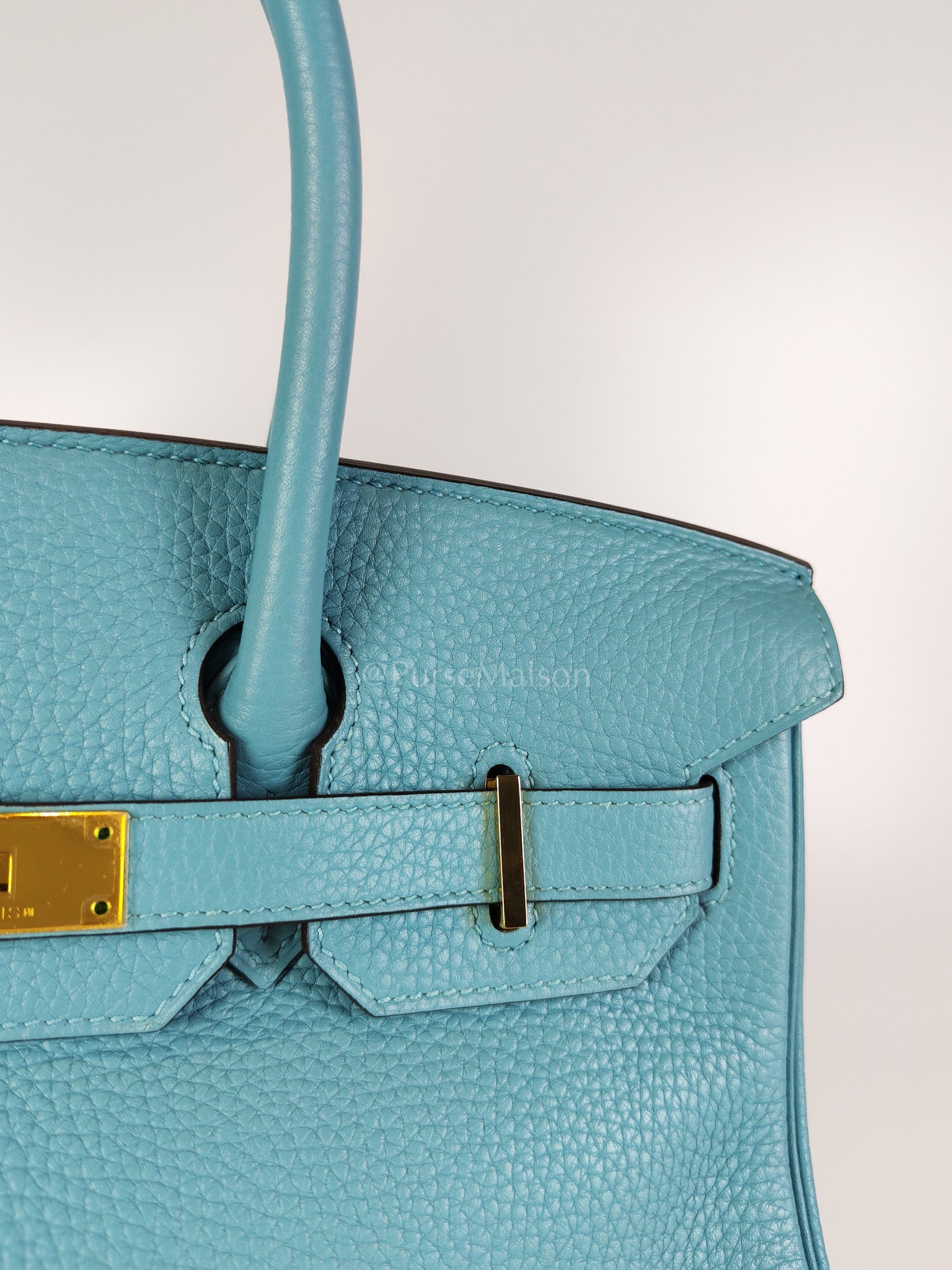 Birkin 30 Retourne in Bleu Saint Clemence and Gold Hardware Stamp T (2015) | Purse Maison Luxury Bags Shop