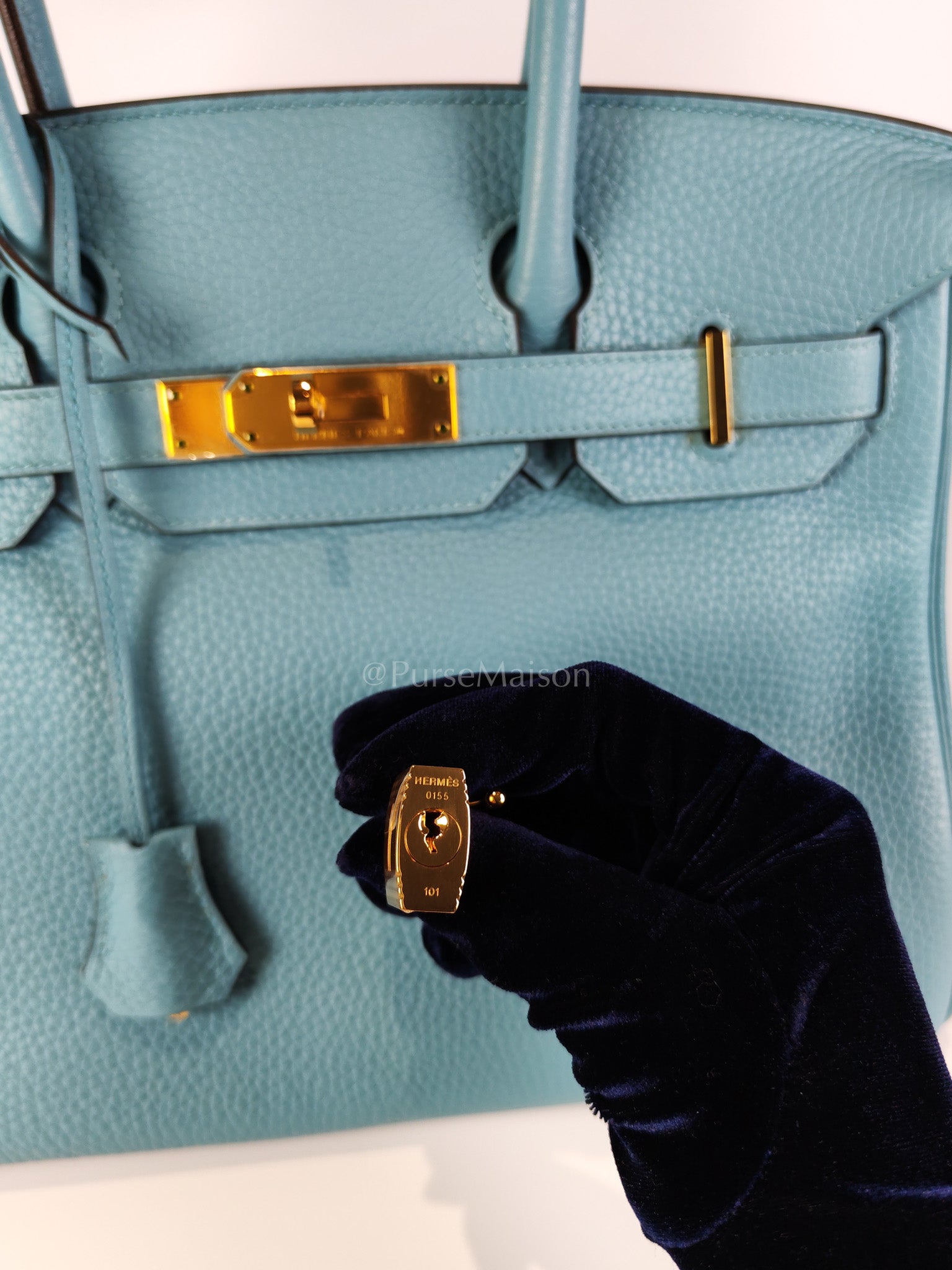 Birkin 30 Retourne in Bleu Saint Clemence and Gold Hardware Stamp T (2015) | Purse Maison Luxury Bags Shop