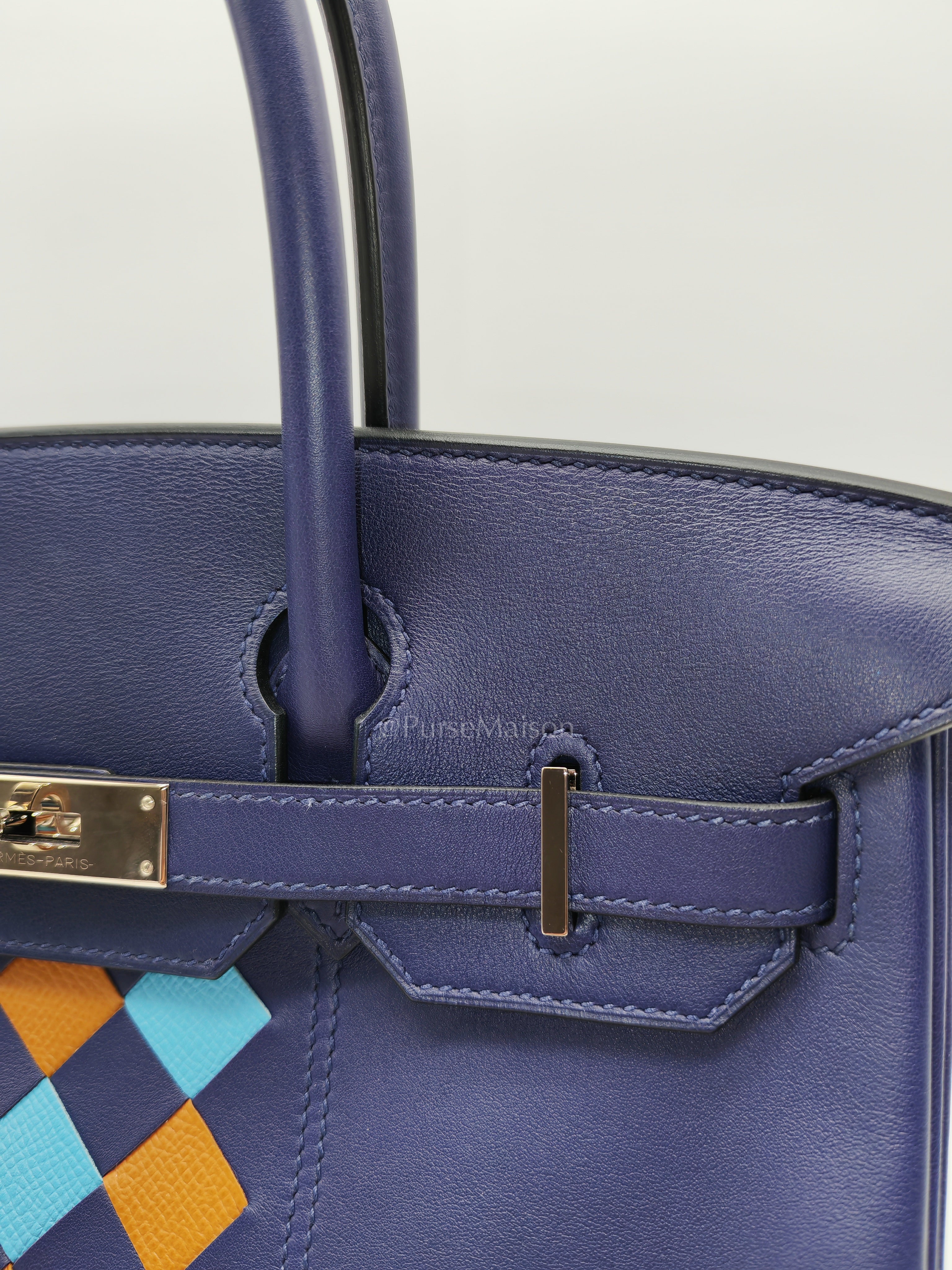 Birkin 30 Retourne in Tressage de Cuir Blue Du Nord/Bleu Encre Epsom in Swift Leather and Palladium Hardware Stamp D (2019) | Purse Maison Luxury Bags Shop