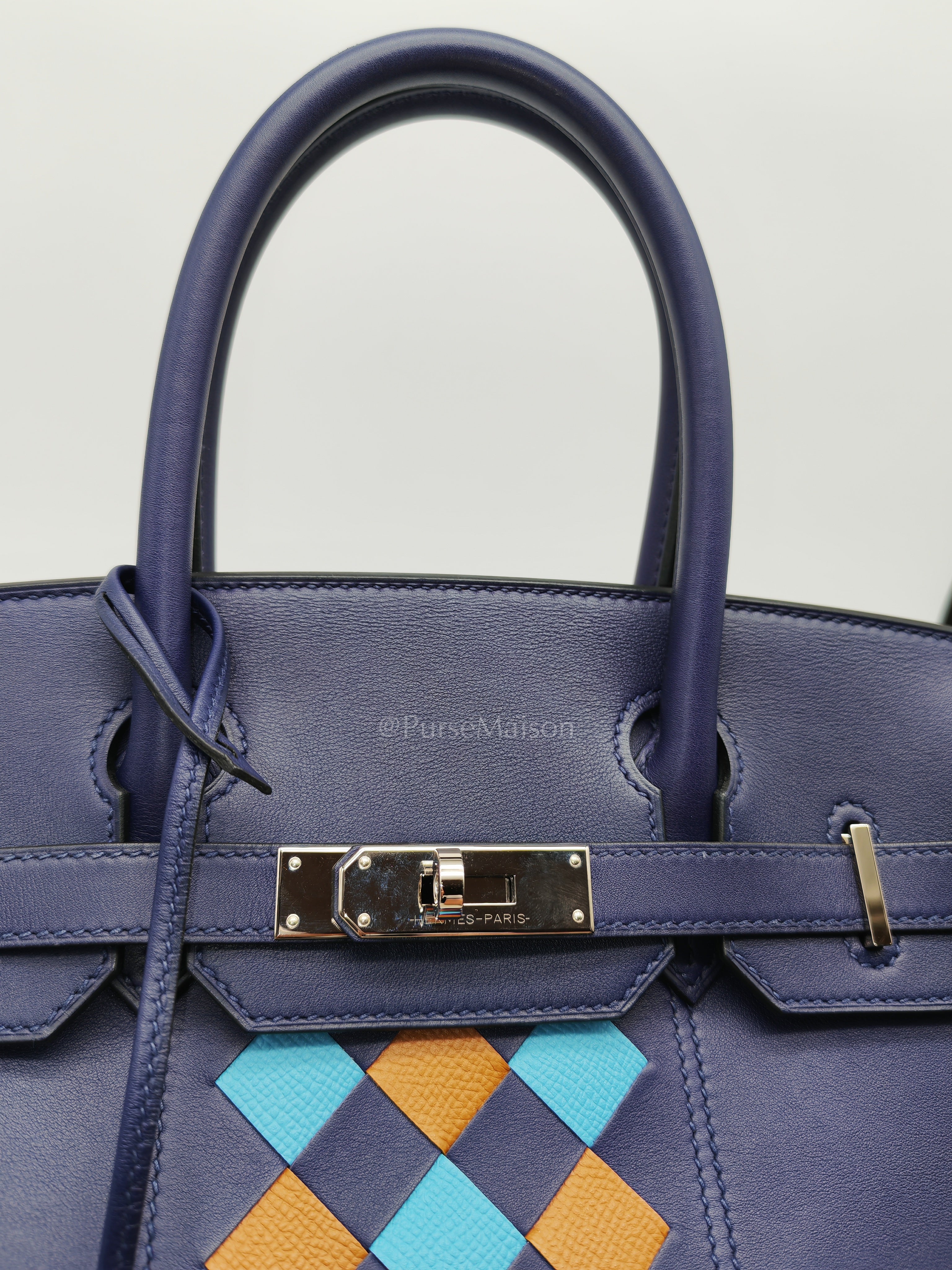 Birkin 30 Retourne in Tressage de Cuir Blue Du Nord/Bleu Encre Epsom in Swift Leather and Palladium Hardware Stamp D (2019) | Purse Maison Luxury Bags Shop