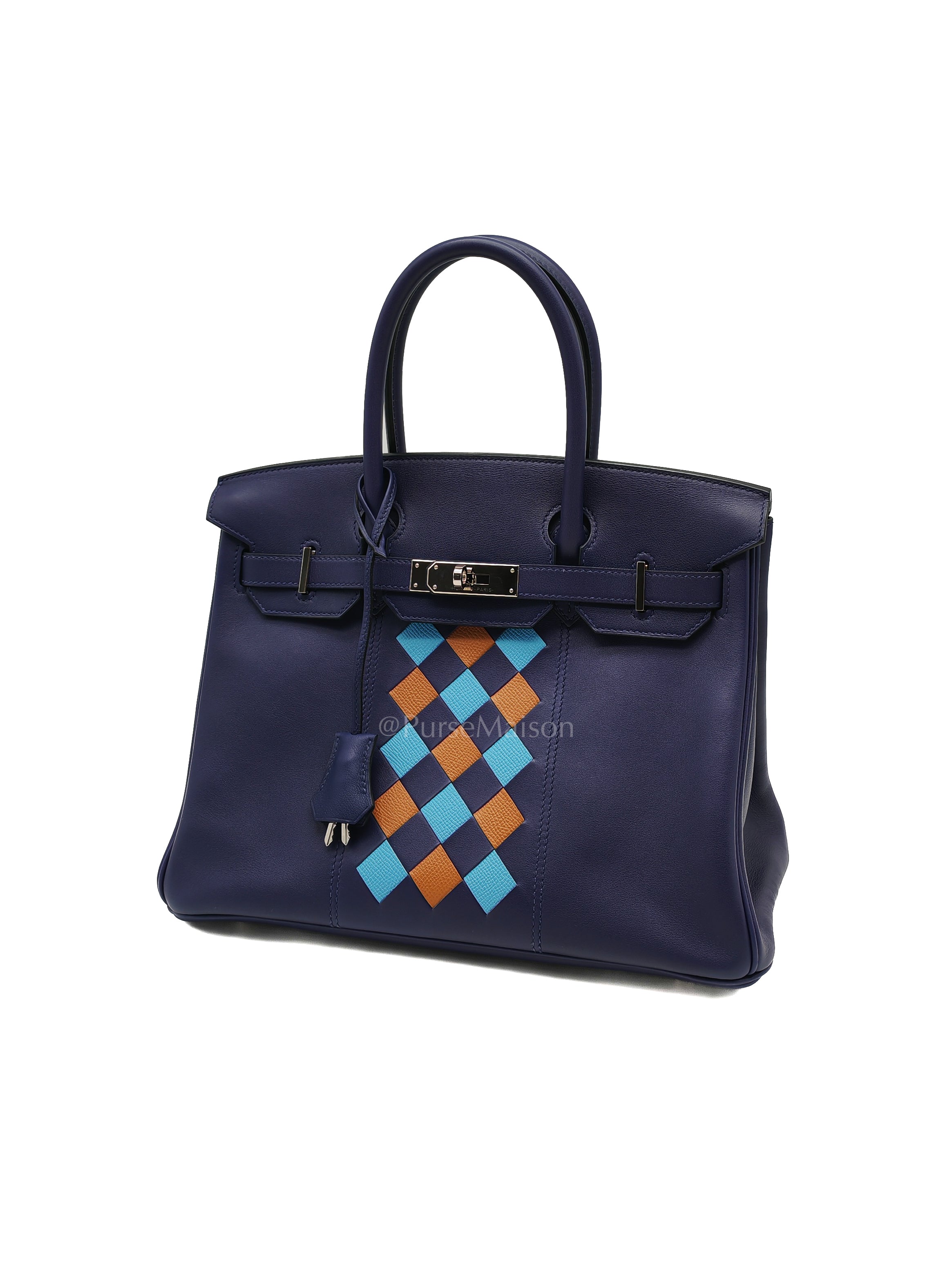 Birkin 30 Retourne in Tressage de Cuir Blue Du Nord/Bleu Encre Epsom in Swift Leather and Palladium Hardware Stamp D (2019) | Purse Maison Luxury Bags Shop