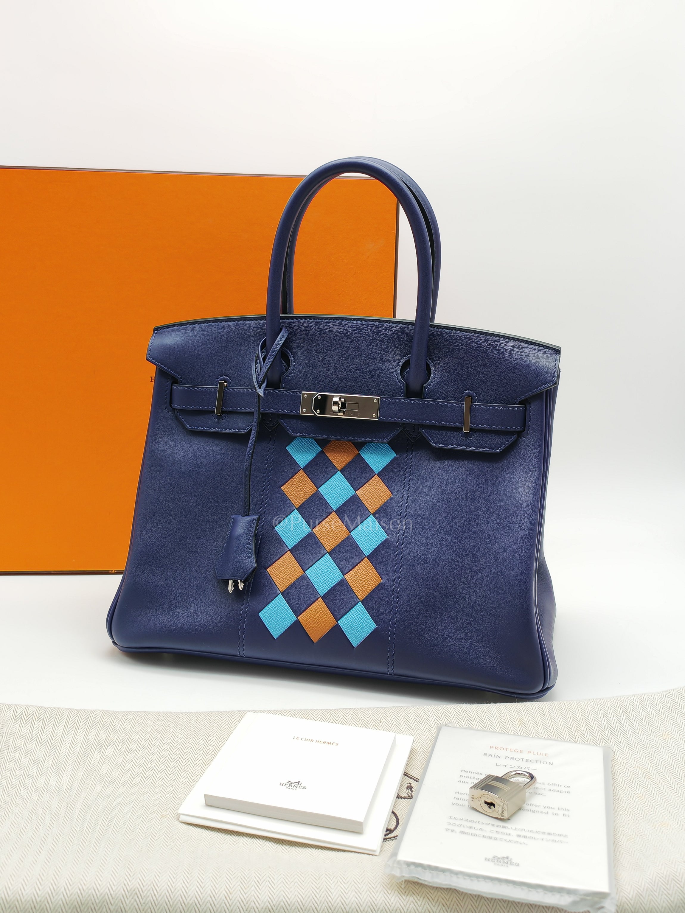 Birkin 30 Retourne in Tressage de Cuir Blue Du Nord/Bleu Encre Epsom in Swift Leather and Palladium Hardware Stamp D (2019) | Purse Maison Luxury Bags Shop