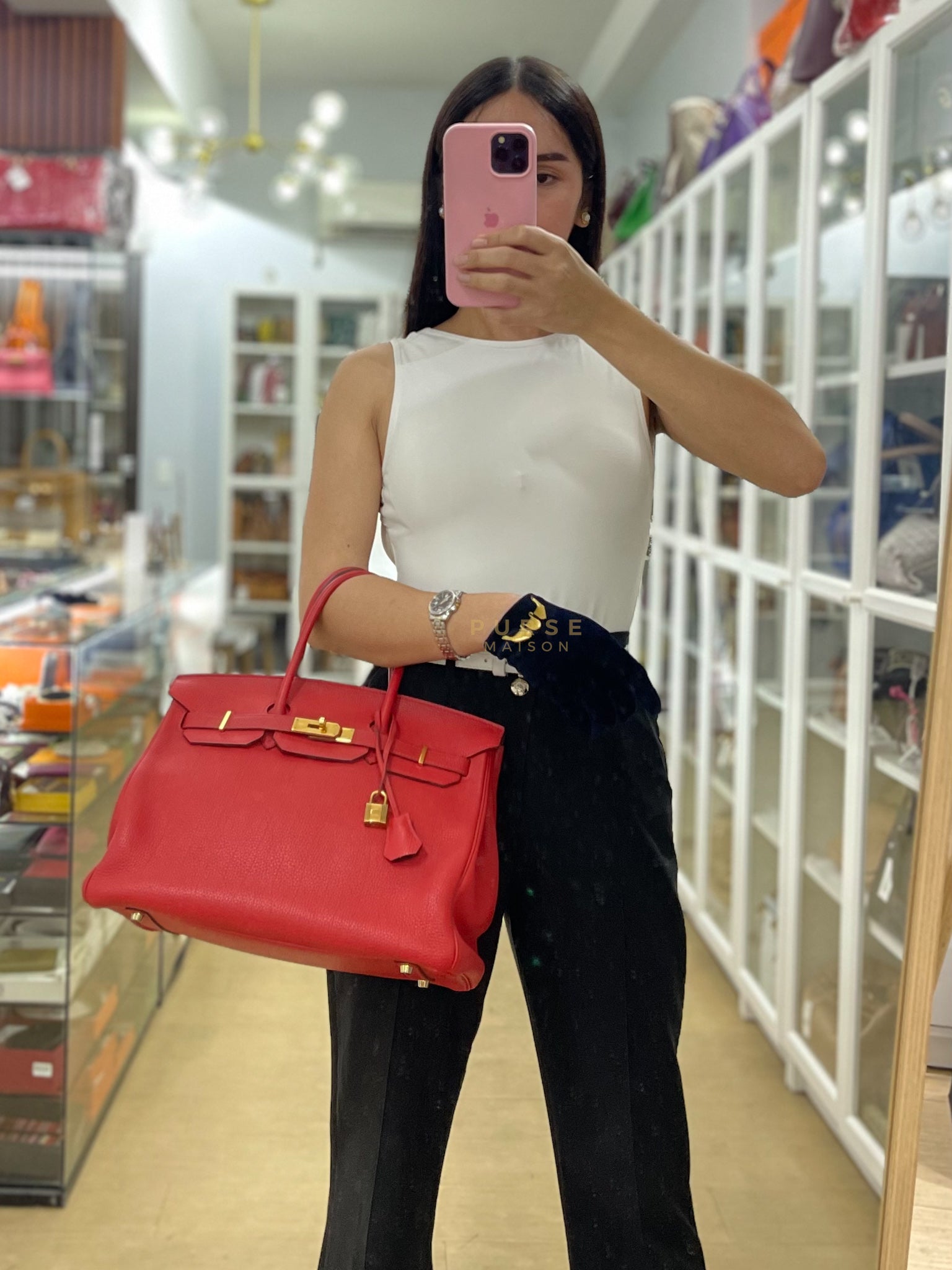 Birkin 35 Retourne Red in Togo Leather Dark Red Chevre interior and Gold Hardware Stamp P Square (2012) | Purse Maison Luxury Bags Shop