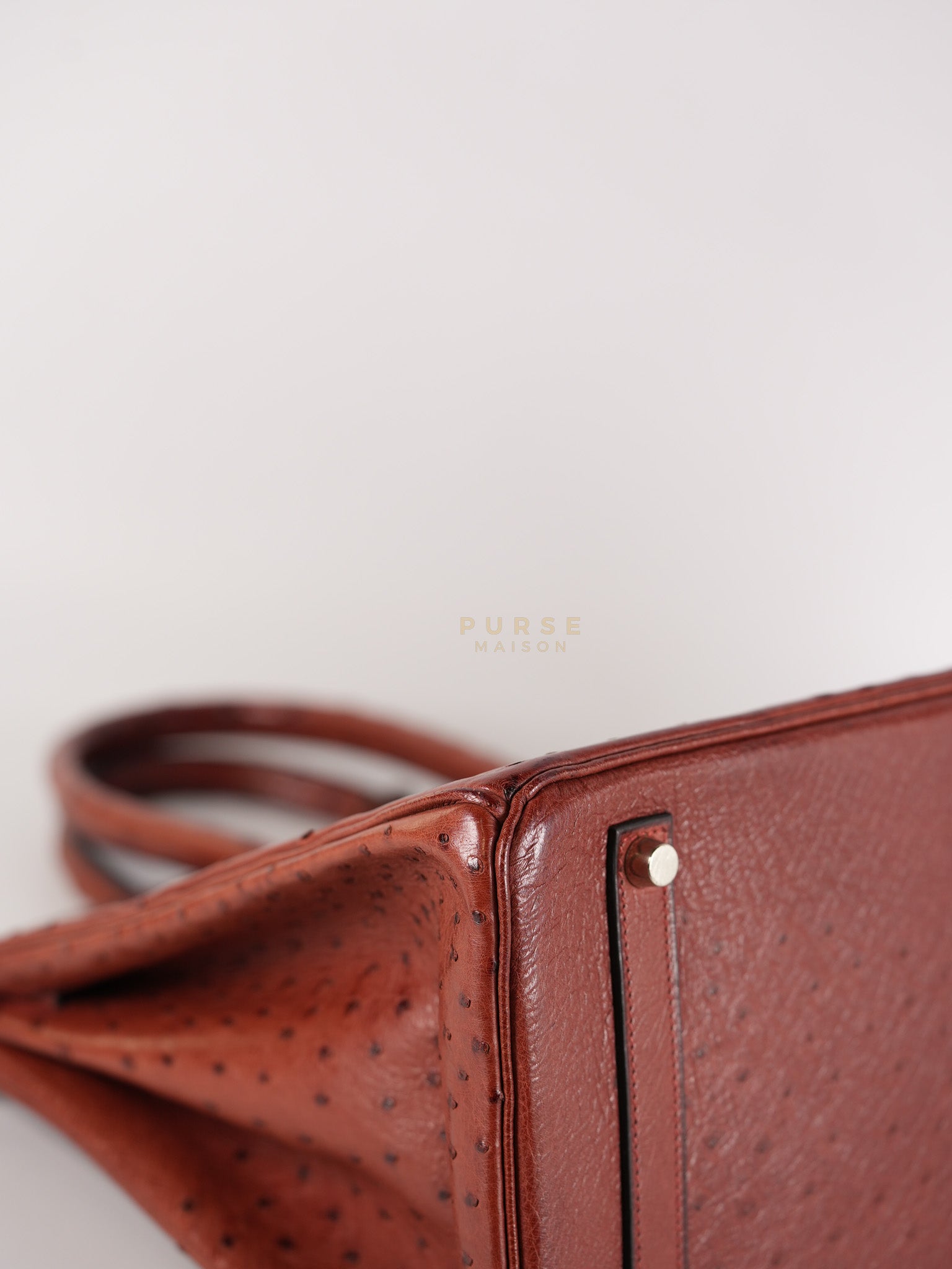 Birkin 35 Retourne Rouge in Ostrich Leather and Palladium Hardware Stamp Square D (2000) | Purse Maison Luxury Bags Shop