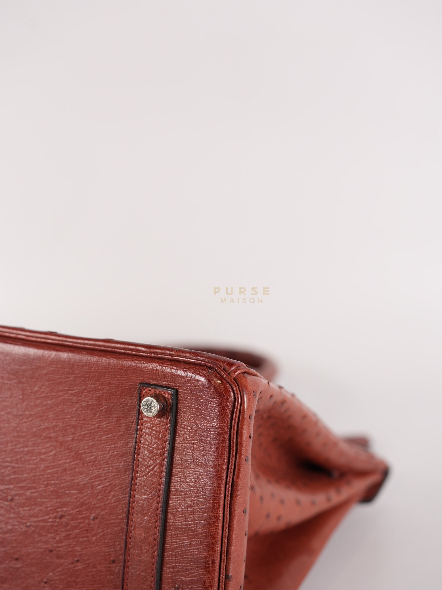 Birkin 35 Retourne Rouge in Ostrich Leather and Palladium Hardware Stamp Square D (2000) | Purse Maison Luxury Bags Shop