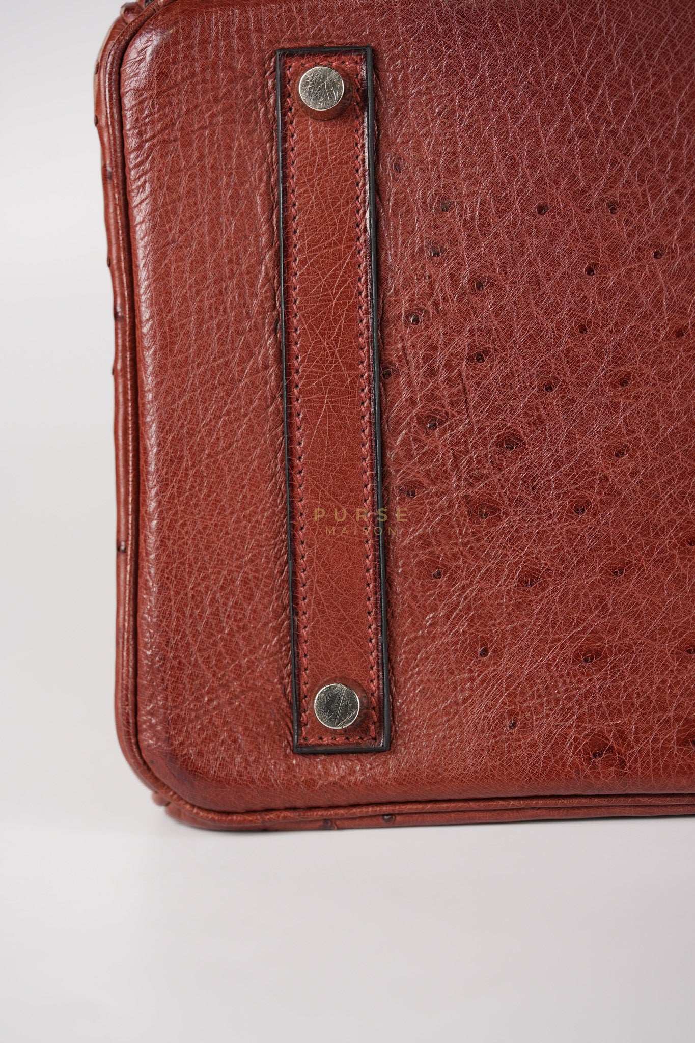 Birkin 35 Retourne Rouge in Ostrich Leather and Palladium Hardware Stamp Square D (2000) | Purse Maison Luxury Bags Shop