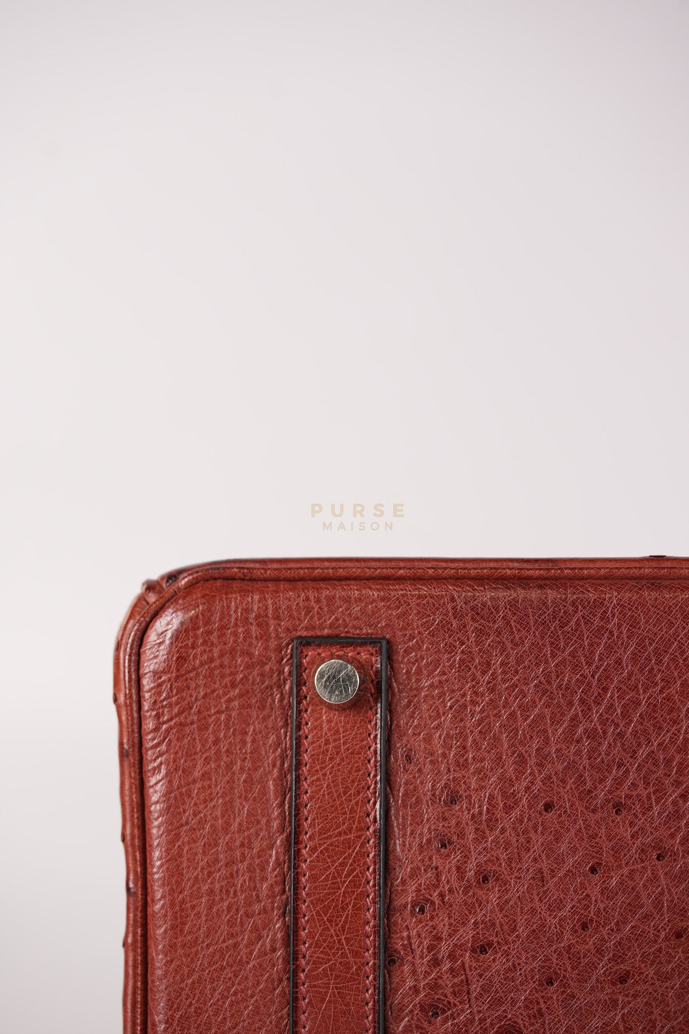 Birkin 35 Retourne Rouge in Ostrich Leather and Palladium Hardware Stamp Square D (2000) | Purse Maison Luxury Bags Shop