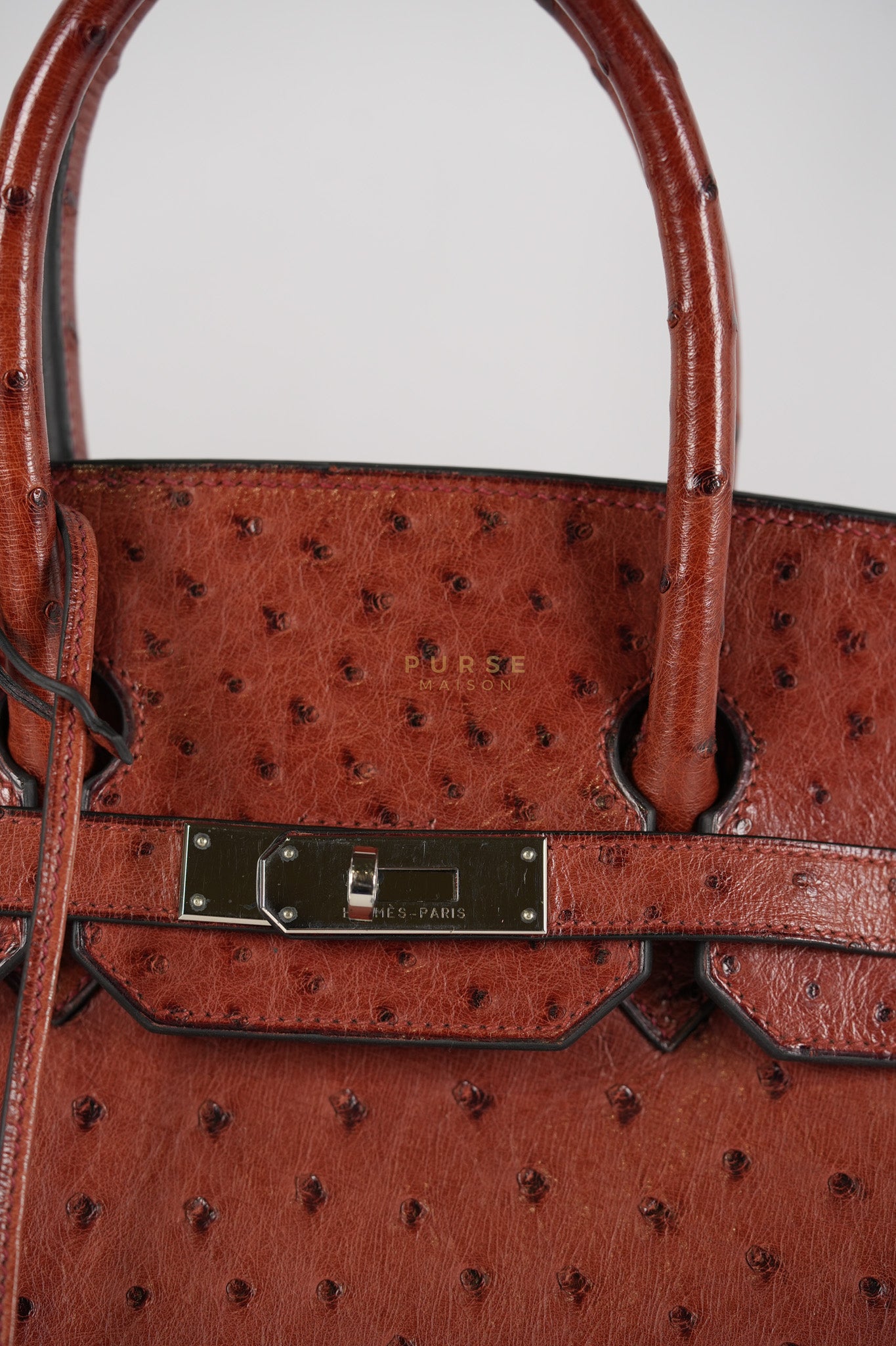 Birkin 35 Retourne Rouge in Ostrich Leather and Palladium Hardware Stamp Square D (2000) | Purse Maison Luxury Bags Shop
